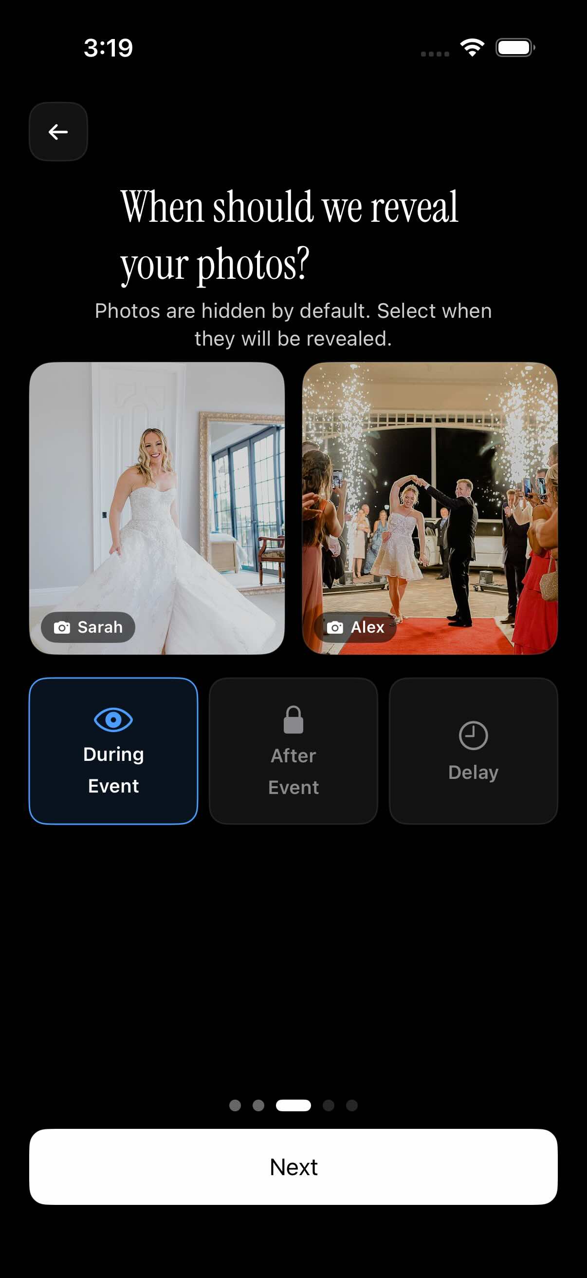 Three sync.camera gallery reveal modes: during event, after event, and delayed reveal