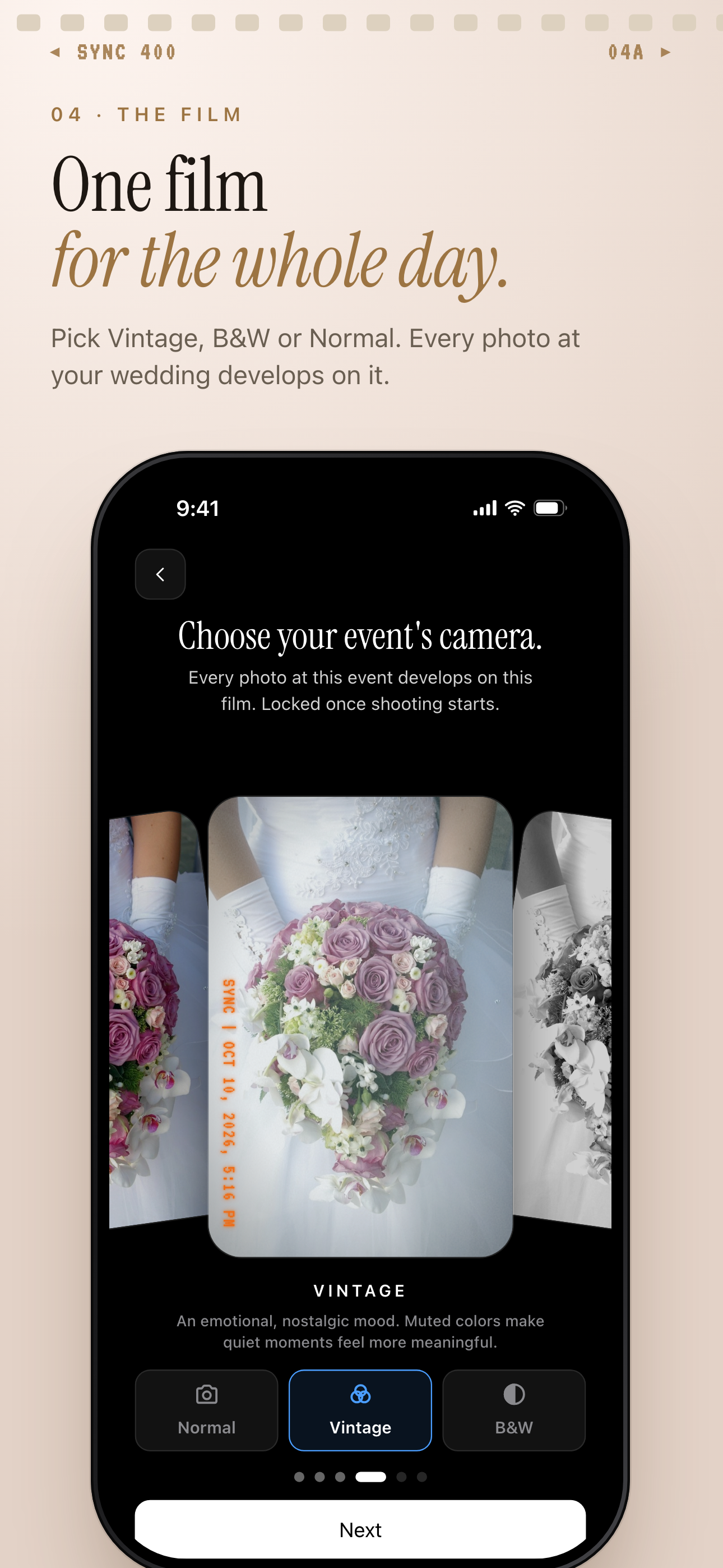 sync.camera event camera picker with Vintage, Normal and B&W preview options.