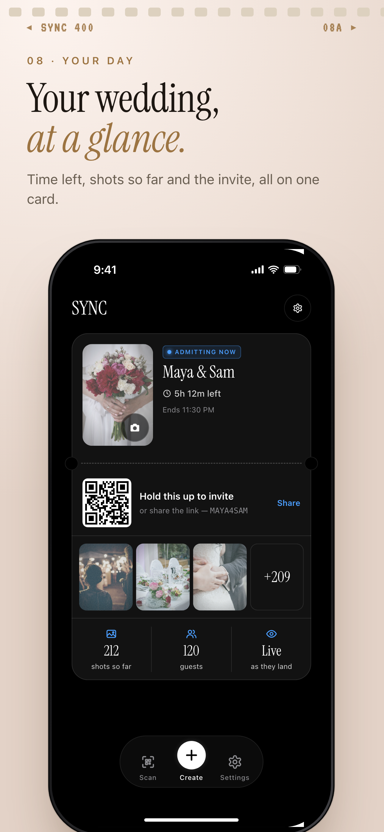 SYNC home screen card for an example wedding with an invite QR, recent photos and a live shot count