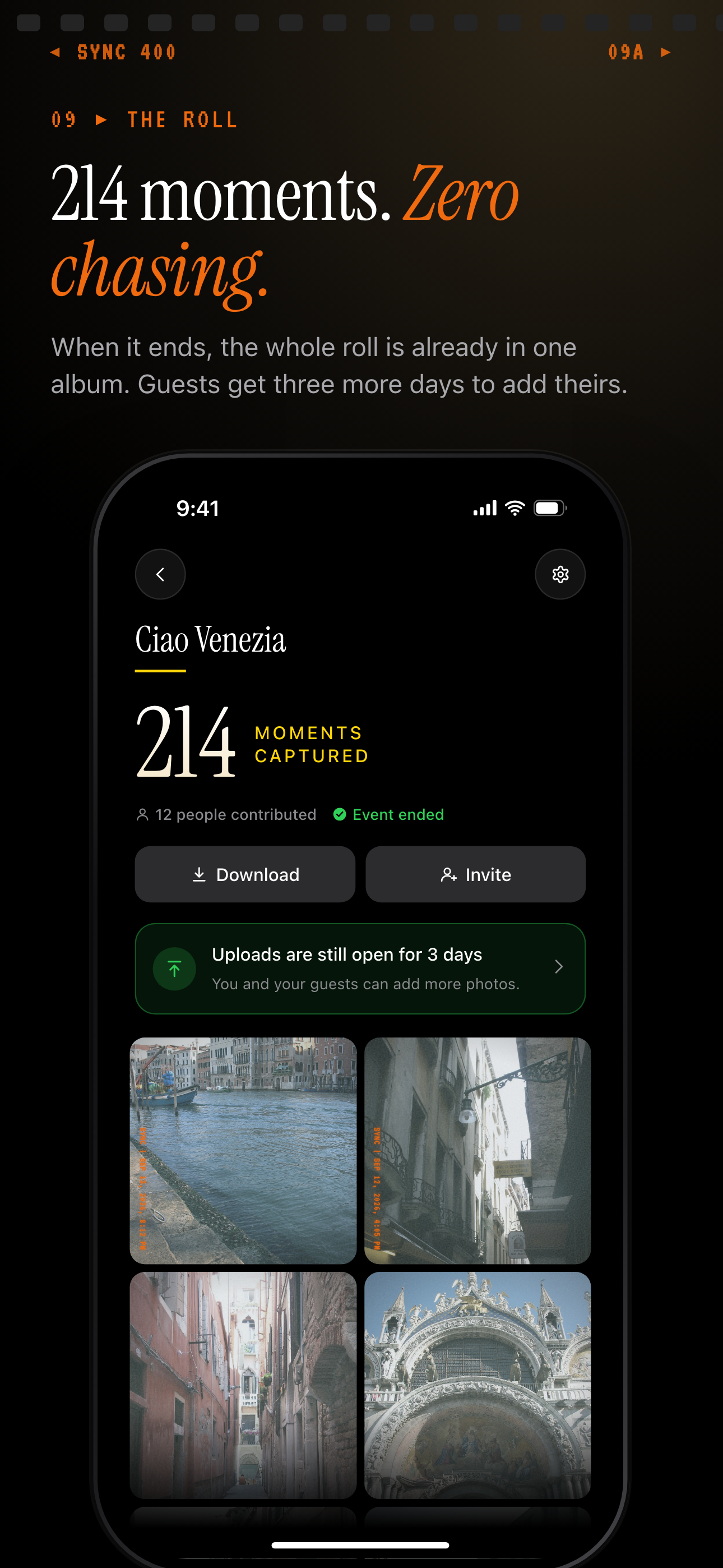 SYNC ended trip album showing moments captured, people contributed, a Download button and a photo grid