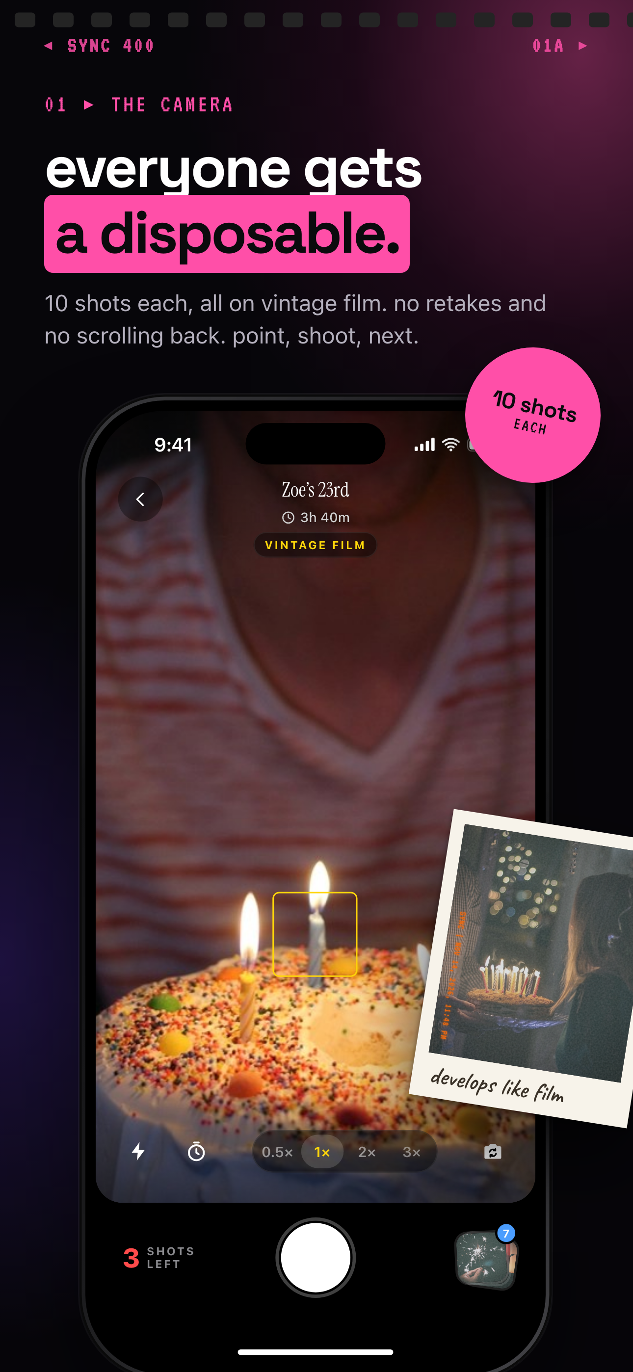 SYNC in-app camera aimed at a birthday cake with candles, with a Vintage film badge