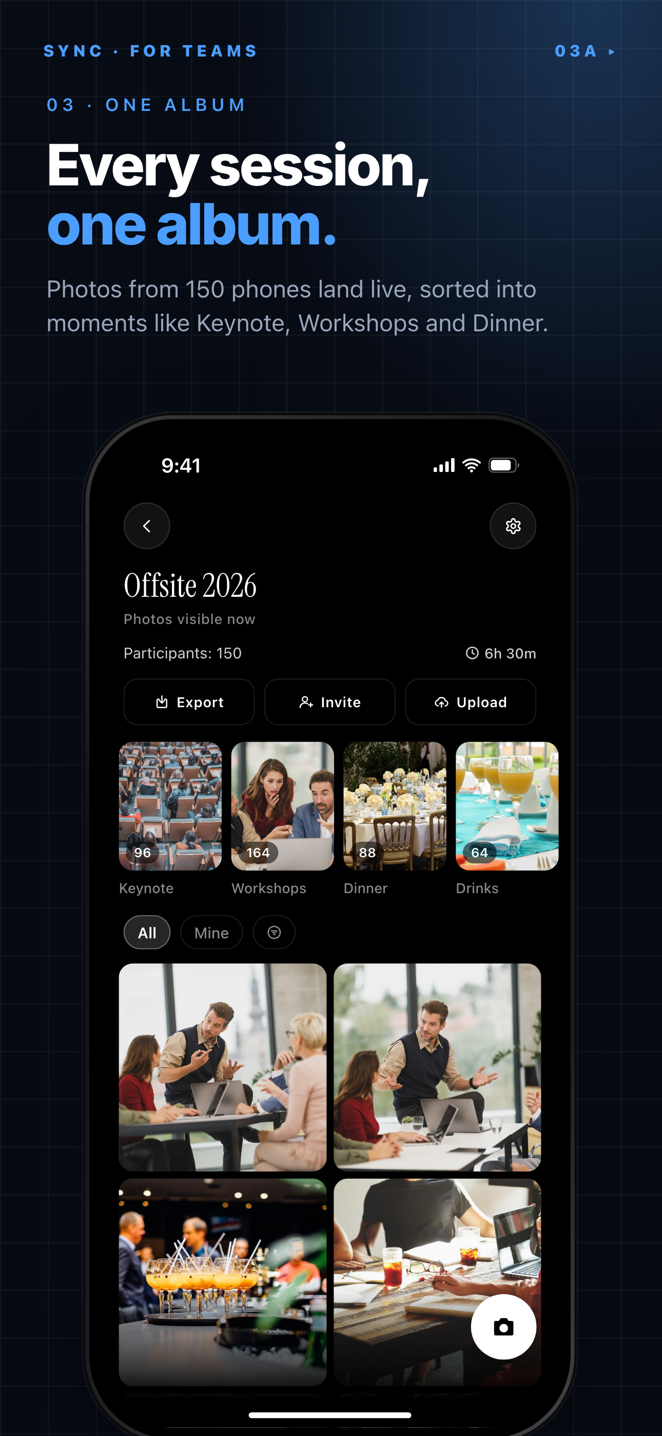SYNC shared album for an example offsite with moments like Keynote, Workshops and Dinner and a grid of attendee photos