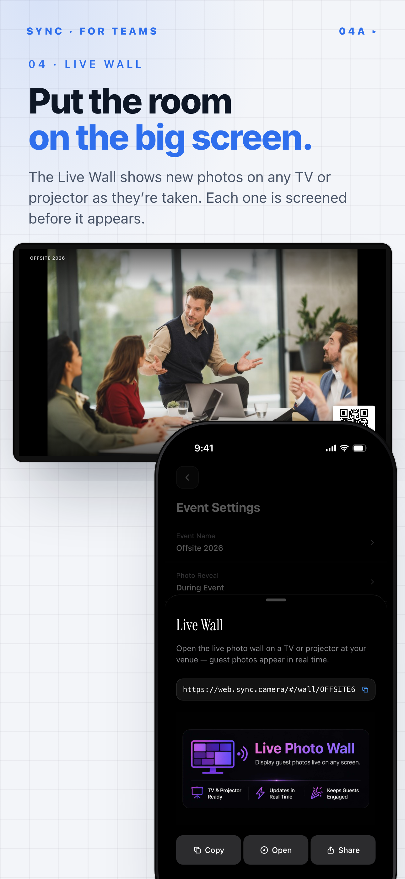 SYNC Live Wall: a guest photo on a TV screen beside the phone sheet with the live wall link