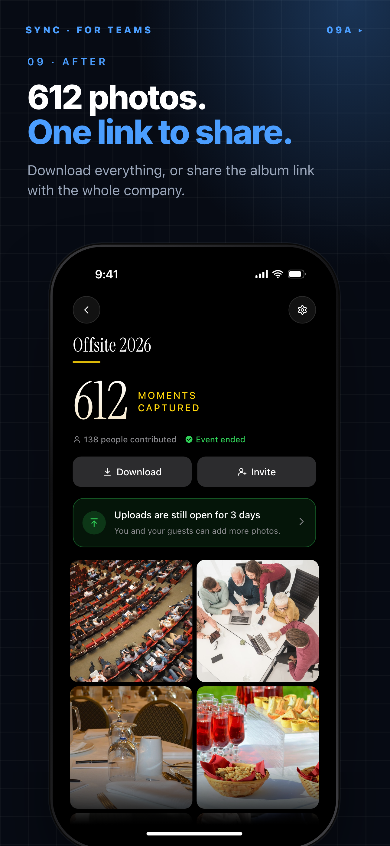 SYNC event-ended album for an example company event showing moments captured, contributors and Download and Invite buttons