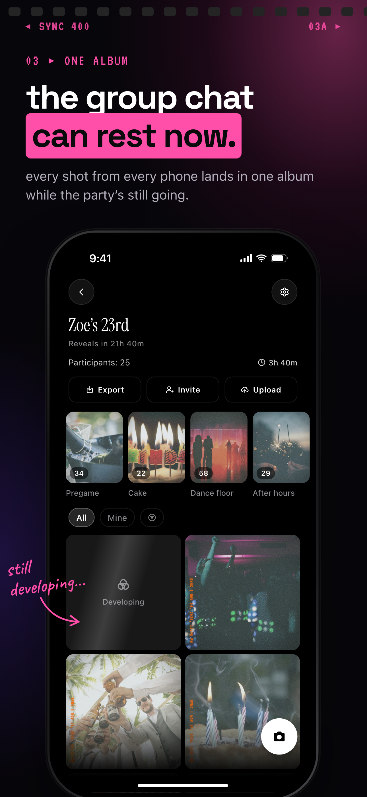 sync.camera album split into moments, with options to filter by photographer and export favorites.