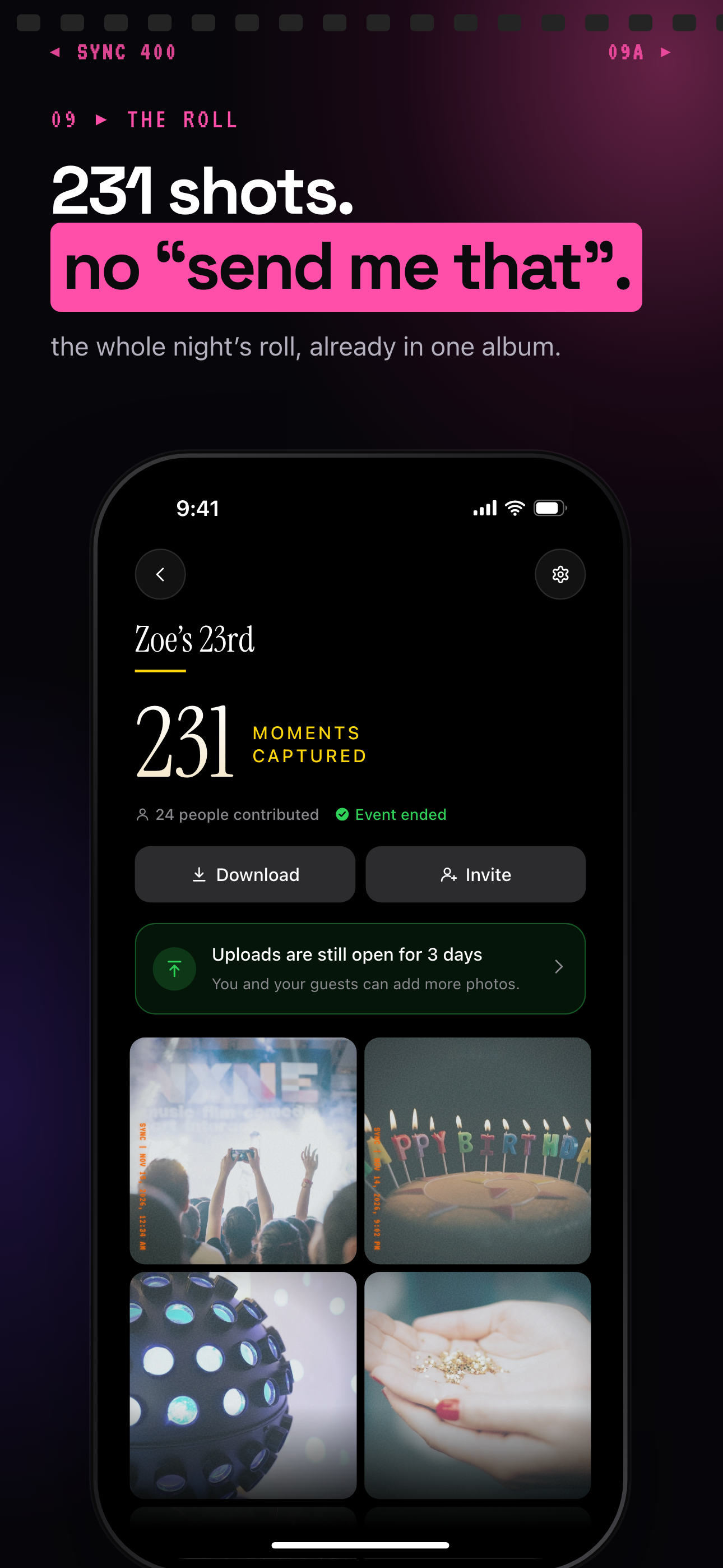SYNC ended birthday album showing moments captured, people contributed and a Download button