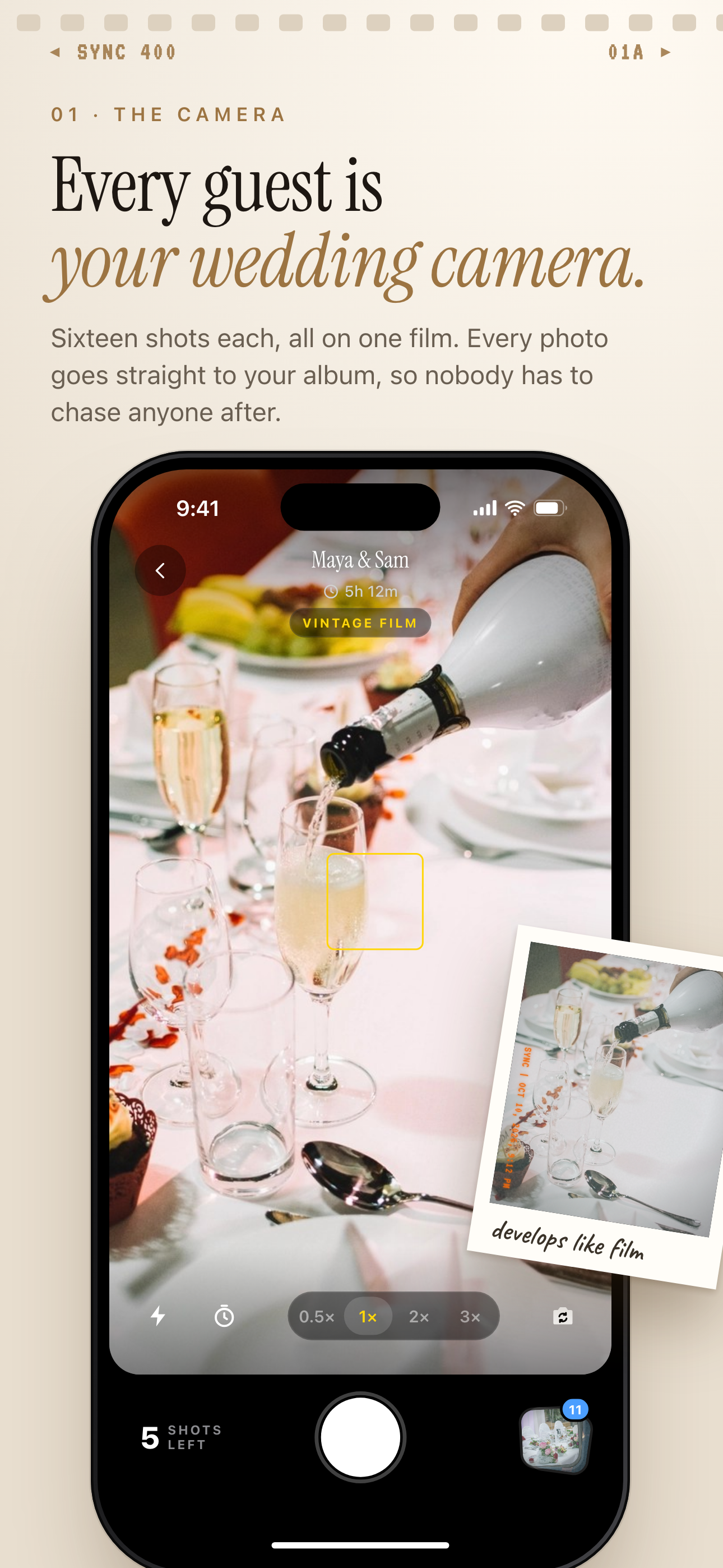 SYNC wedding camera slide: in-app viewfinder at a reception table with a Vintage film badge