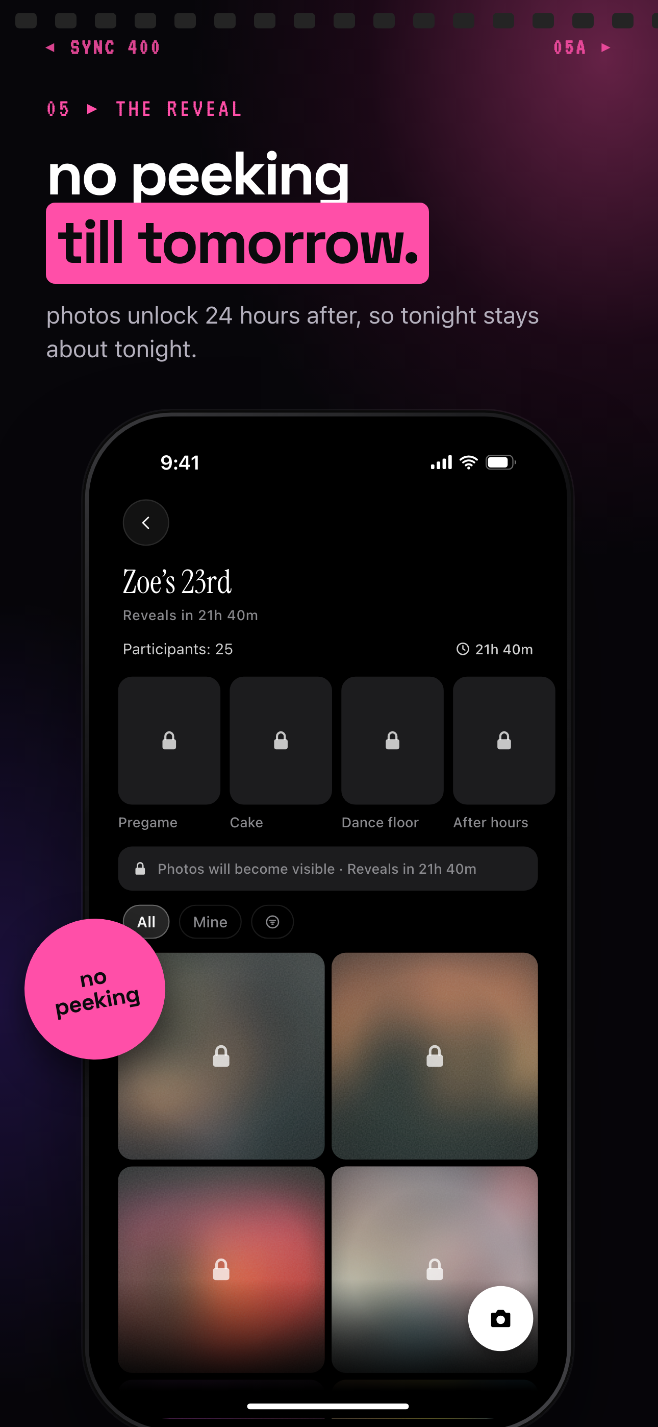 sync.camera reveal settings with a locked gallery showing blurred photos and a countdown banner.