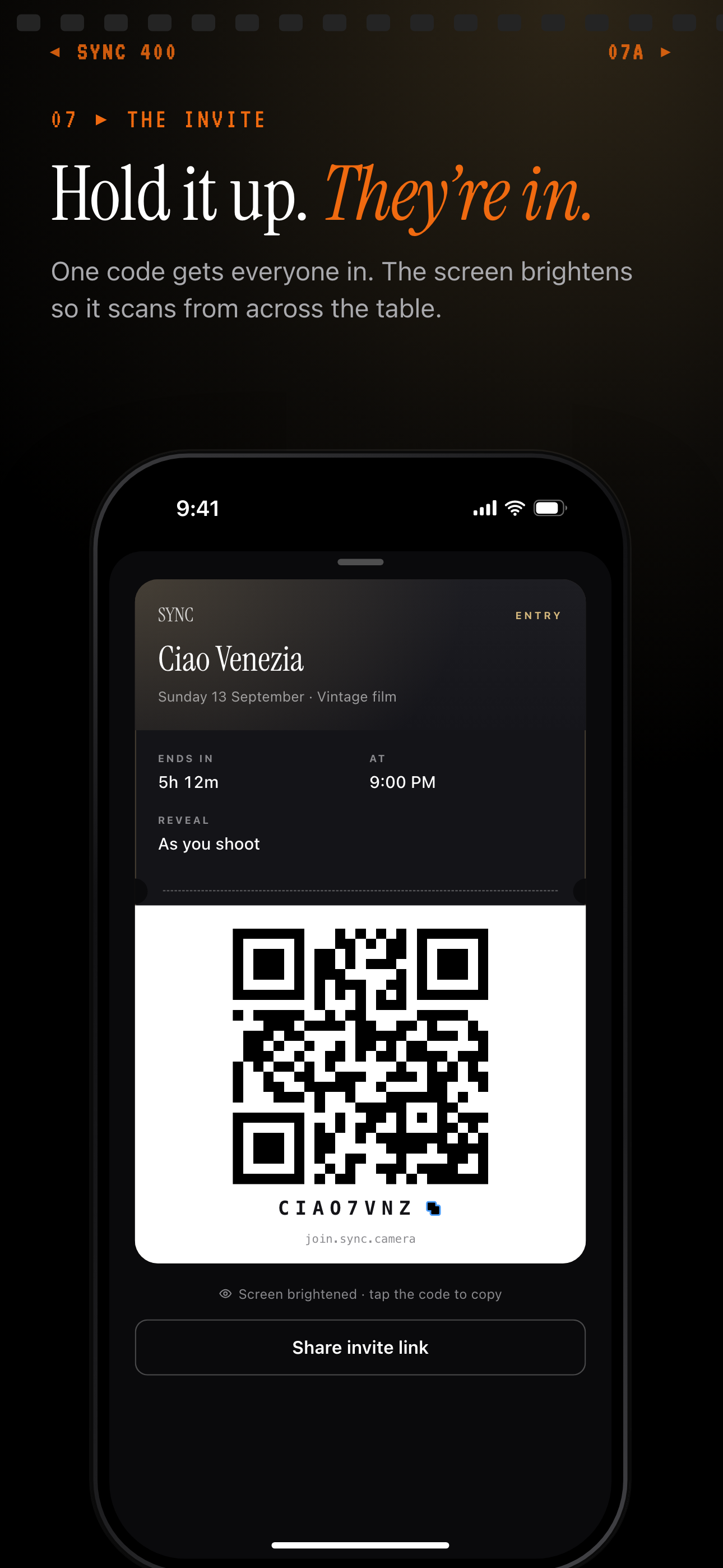 SYNC invite pass for an example trip with a large QR code, an eight-character join code and a Share invite link button