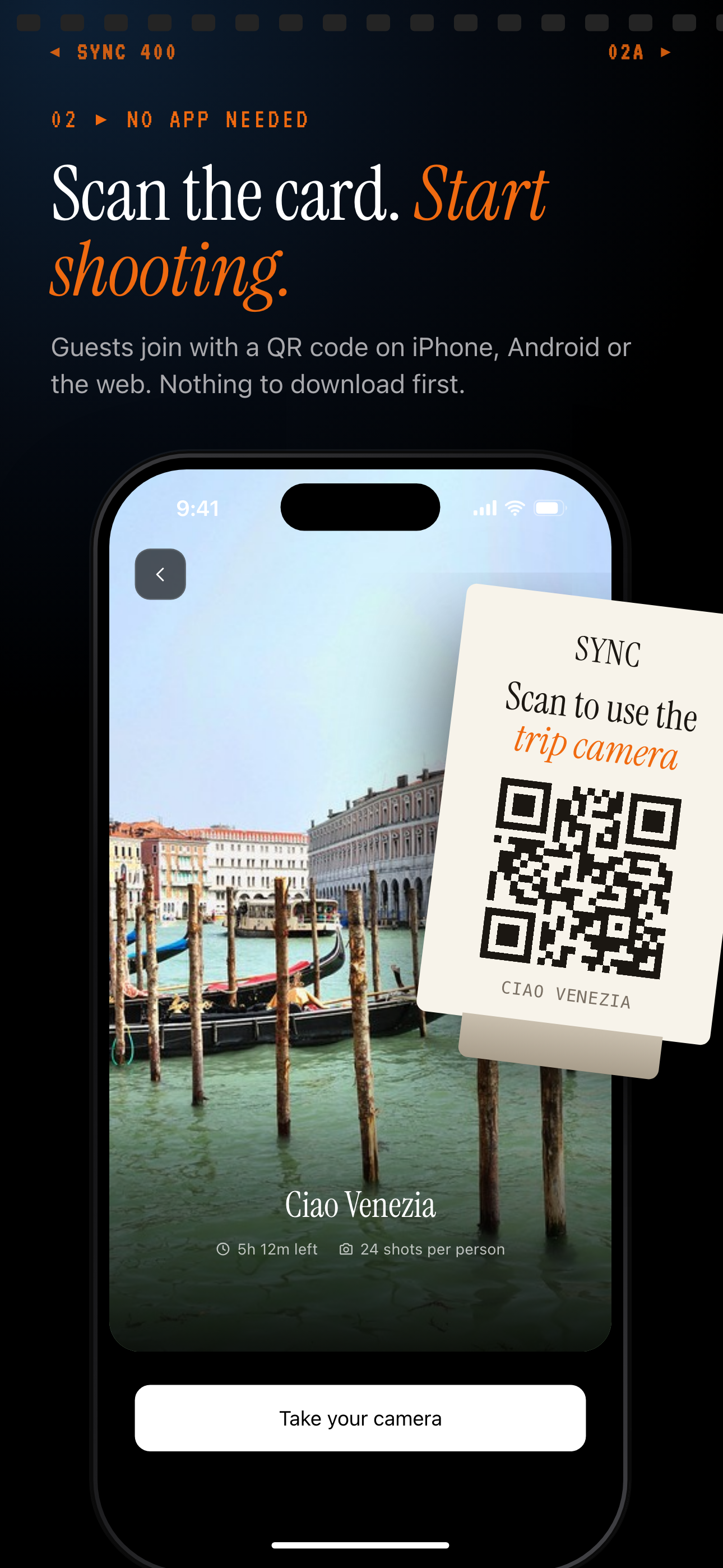 SYNC guest join screen with a 'Take your camera' button beside a QR card for the event