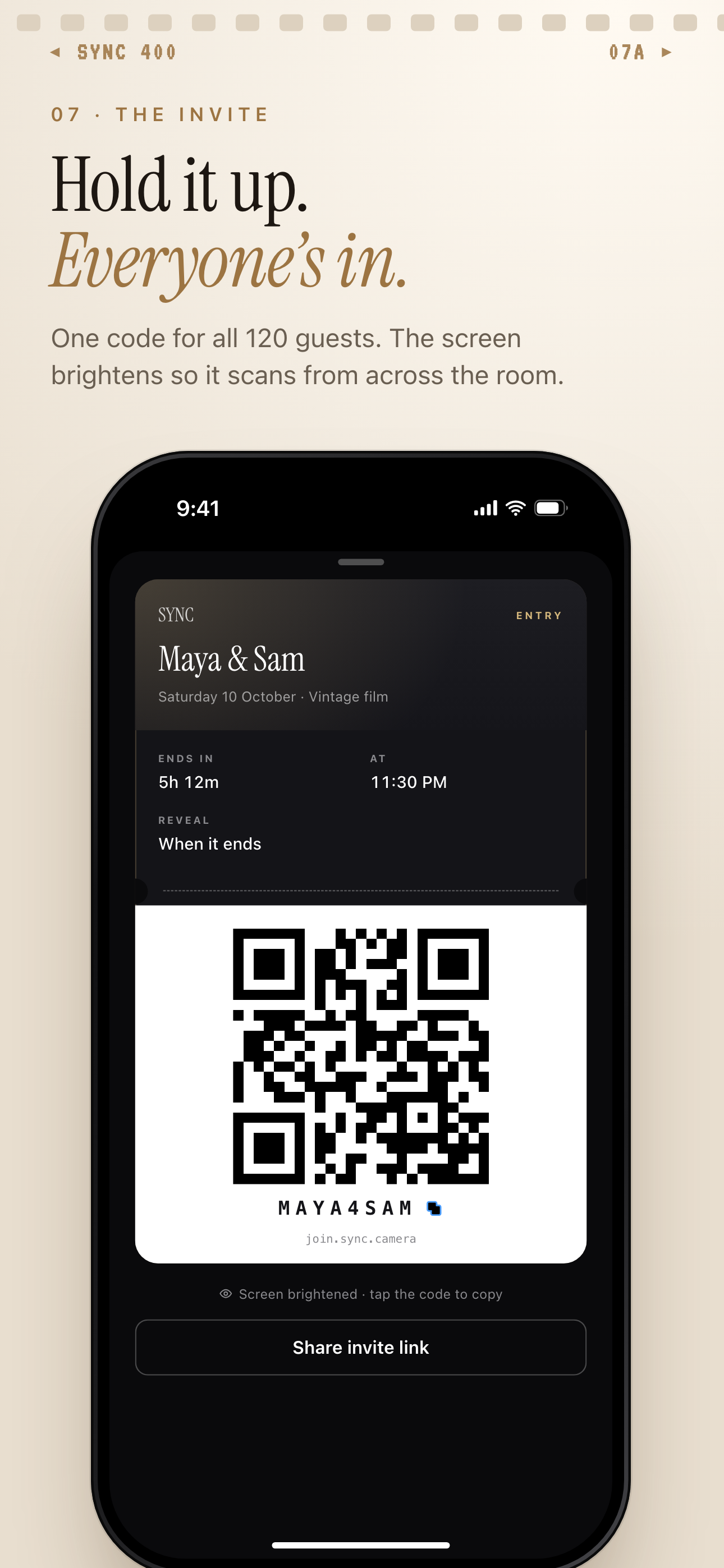 SYNC wedding entry pass with a large QR code, an invite code and a Share invite link button
