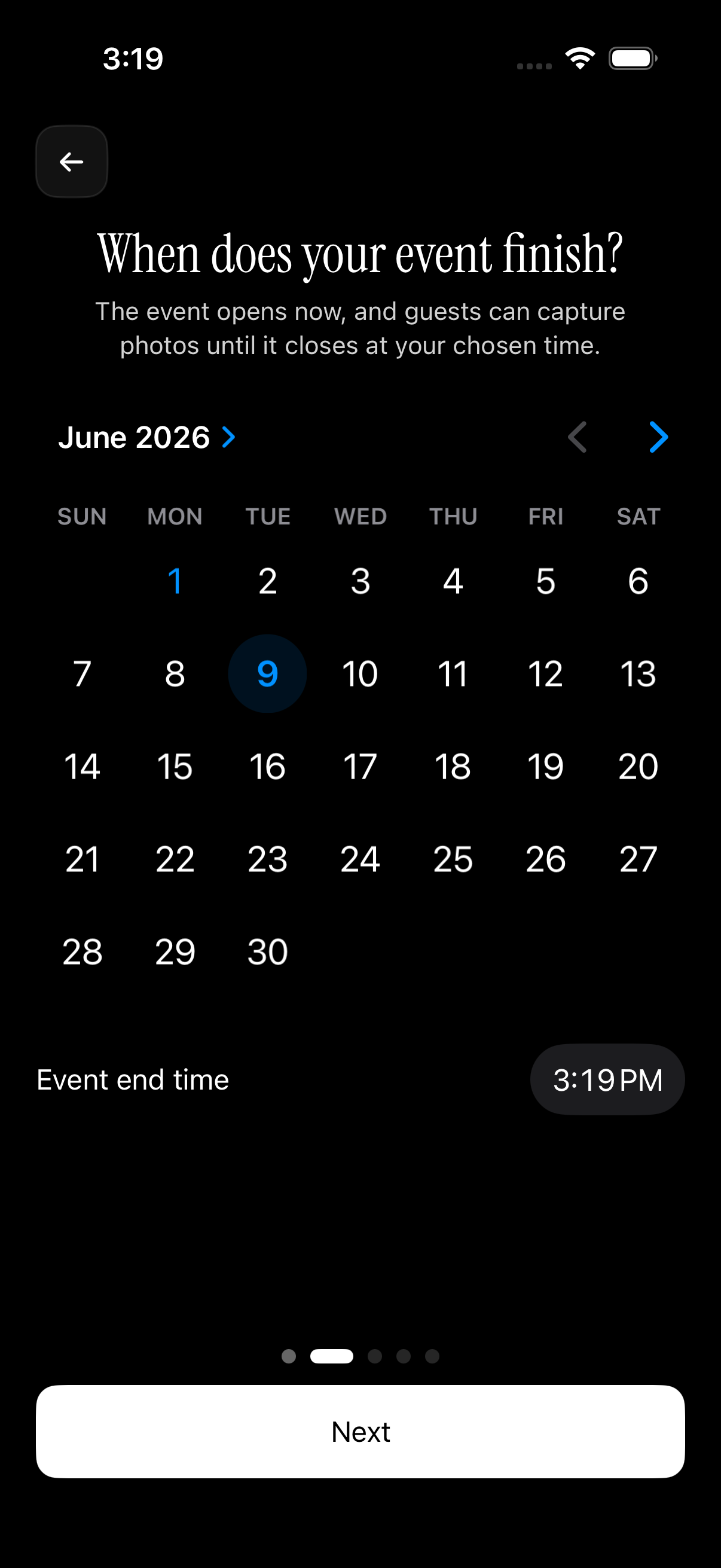 Event schedule selection screen showing date-range upload window configuration
