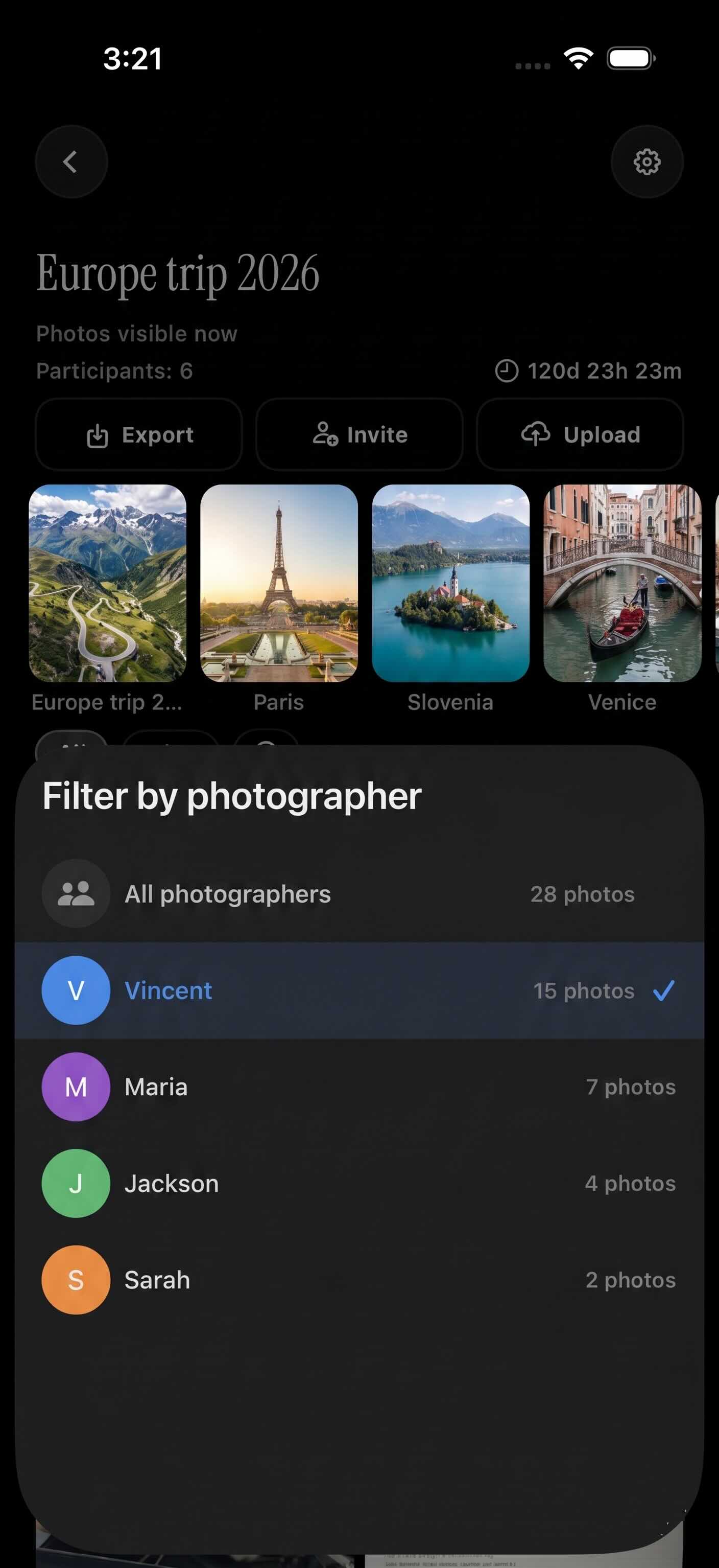 Per-photographer filtering panel in a shared event gallery