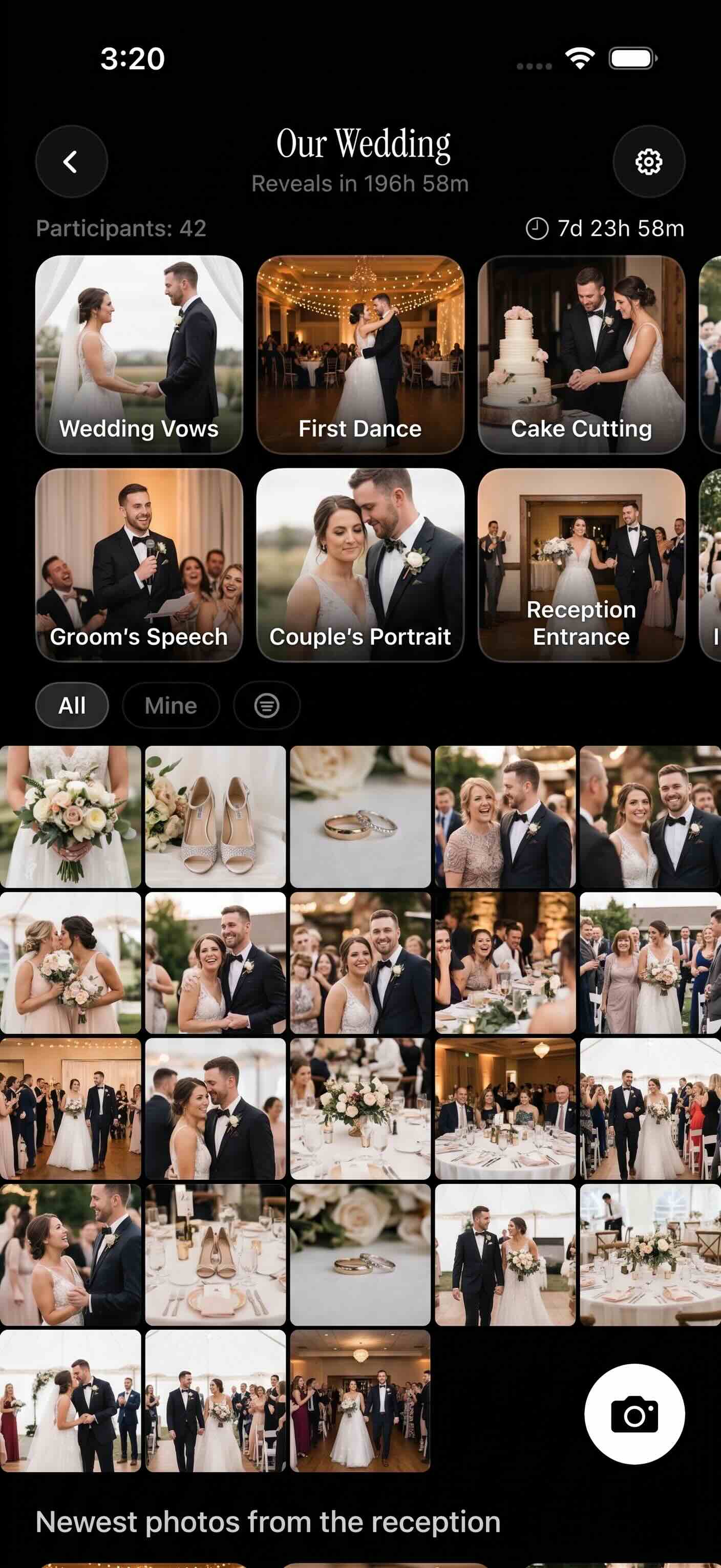 A populated sync.camera wedding gallery with hundreds of guest-contributed photos in chronological order