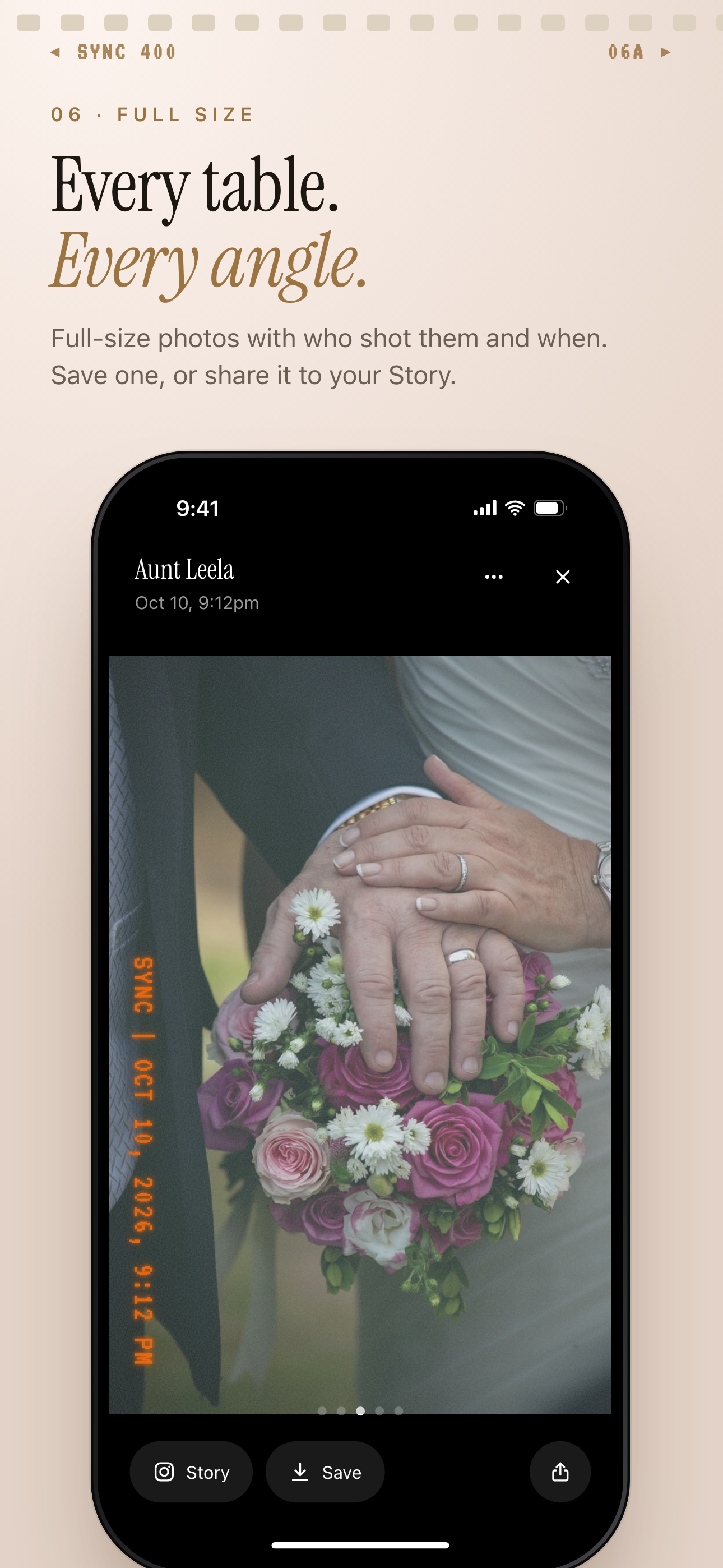 SYNC full-size wedding photo of the couple's hands on a bouquet, credited to the guest who shot it