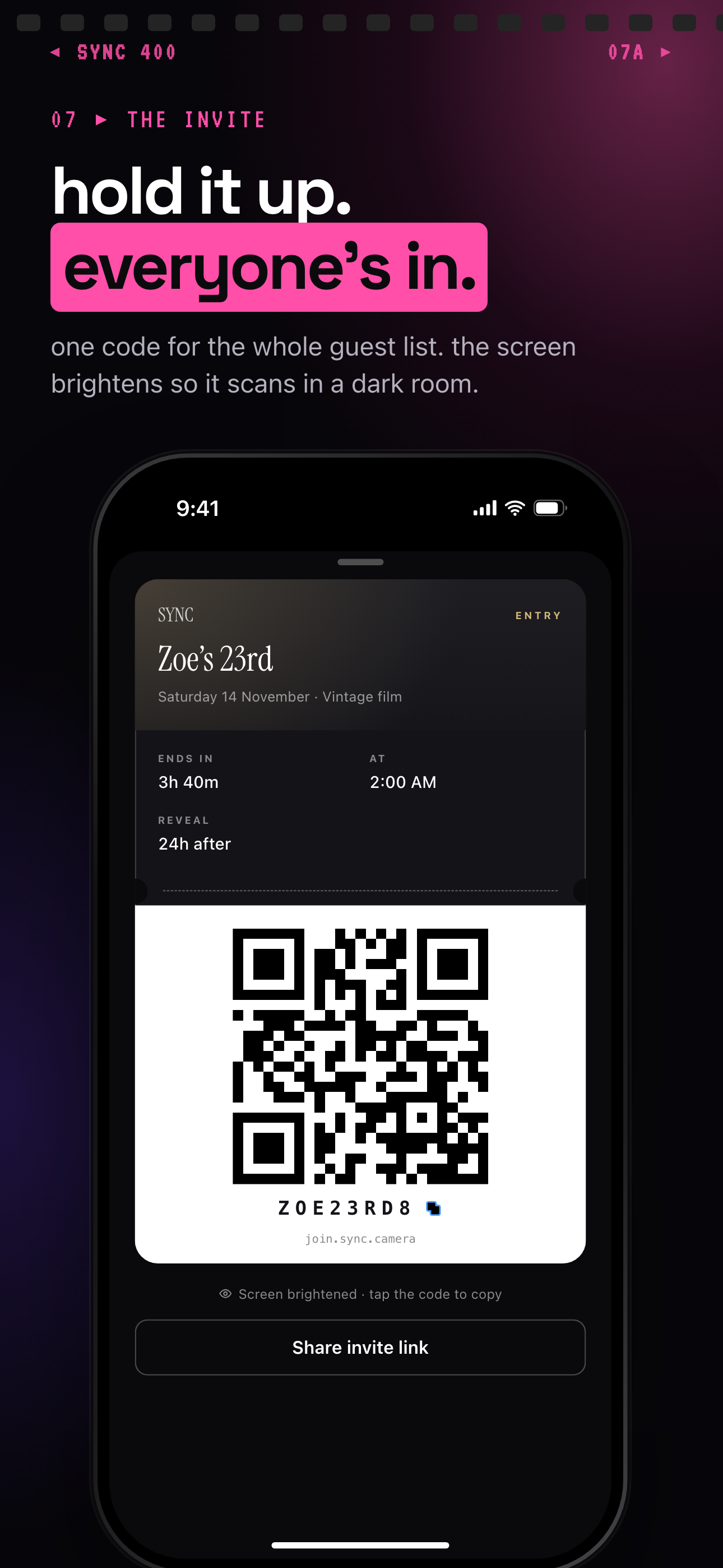 The sync.camera invite pass showing a large QR code and a join code.