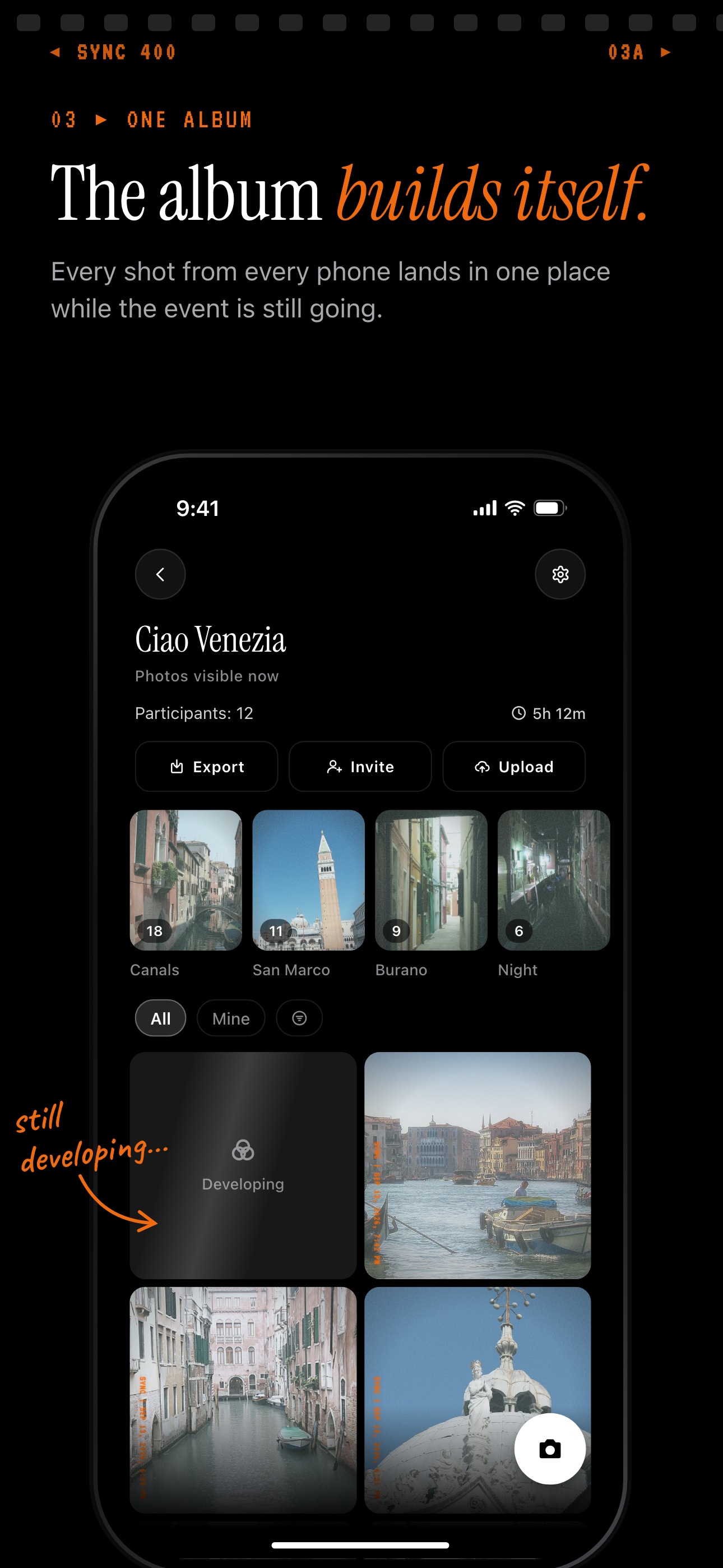 SYNC shared trip album for an example Venice trip with Canals, San Marco, Burano and Night moments