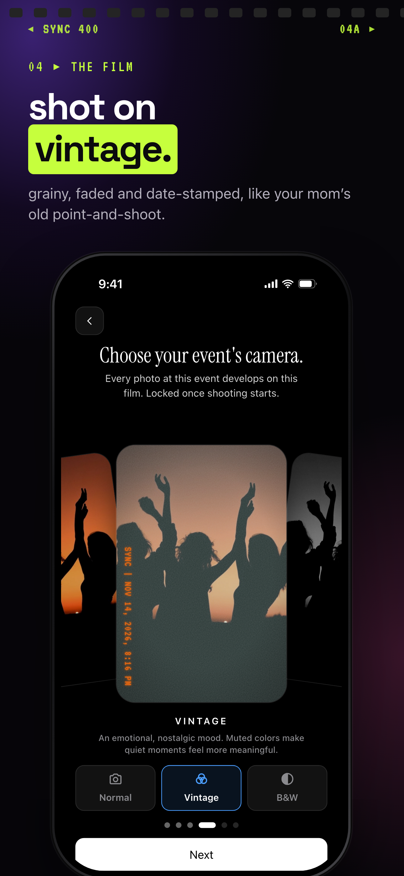 SYNC film picker with the Vintage look previewed on dancers silhouetted against a sunset
