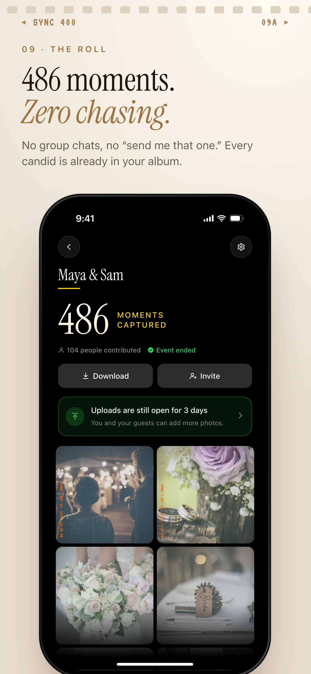 SYNC wedding album after the event showing moments captured, a Download button and a note that uploads stay open