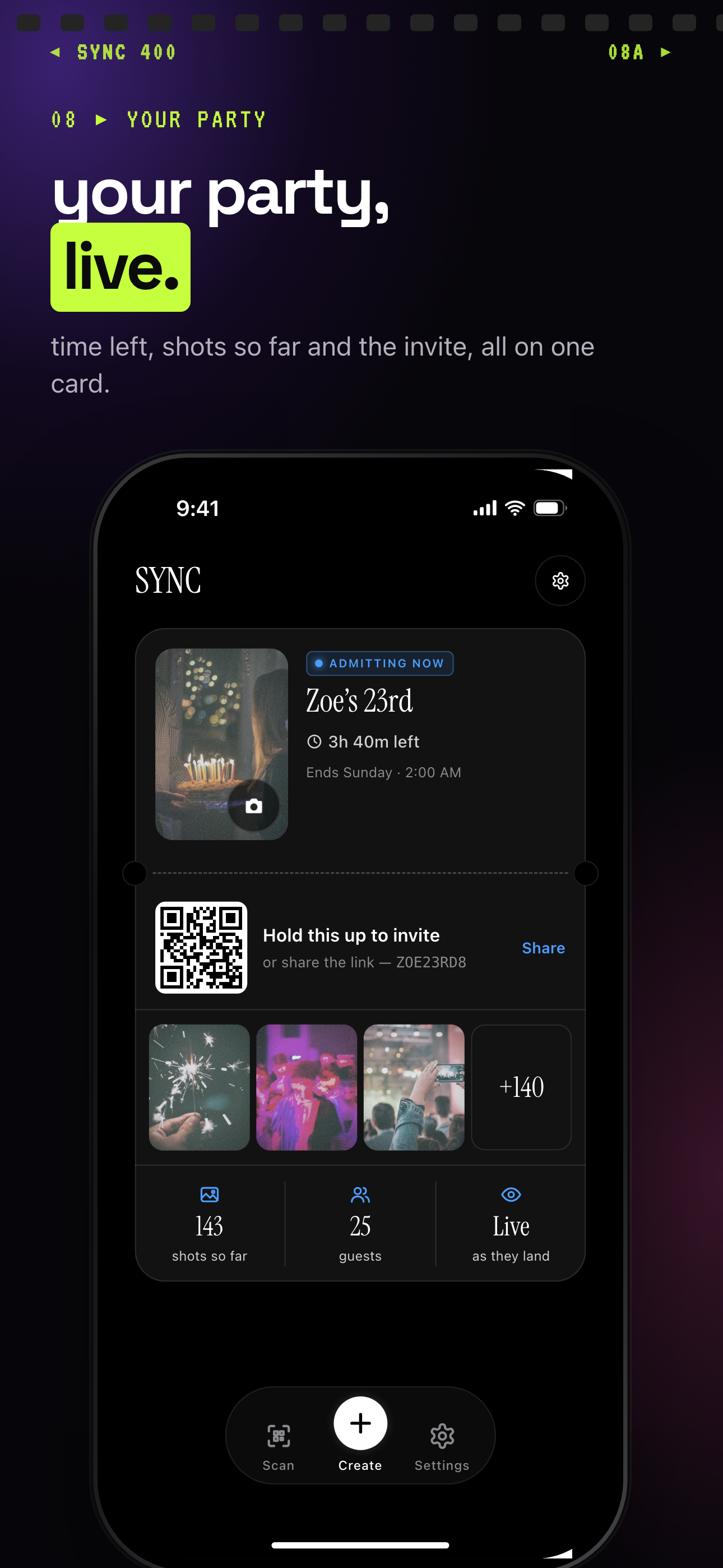 SYNC home screen event card showing time left, shots so far, guests and photos live as they land