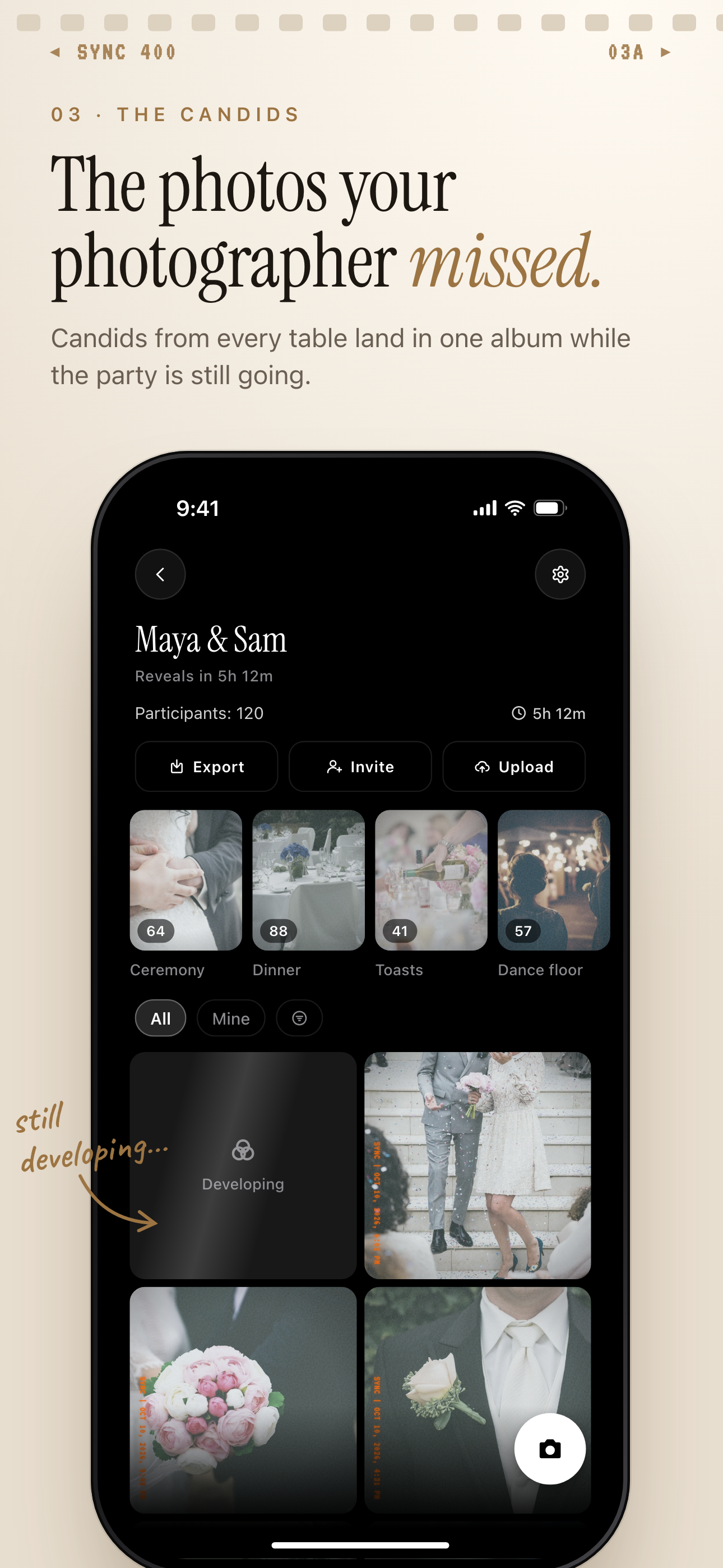 SYNC shared wedding album with Ceremony, Dinner, Toasts and Dance floor moments and a grid of guest candids