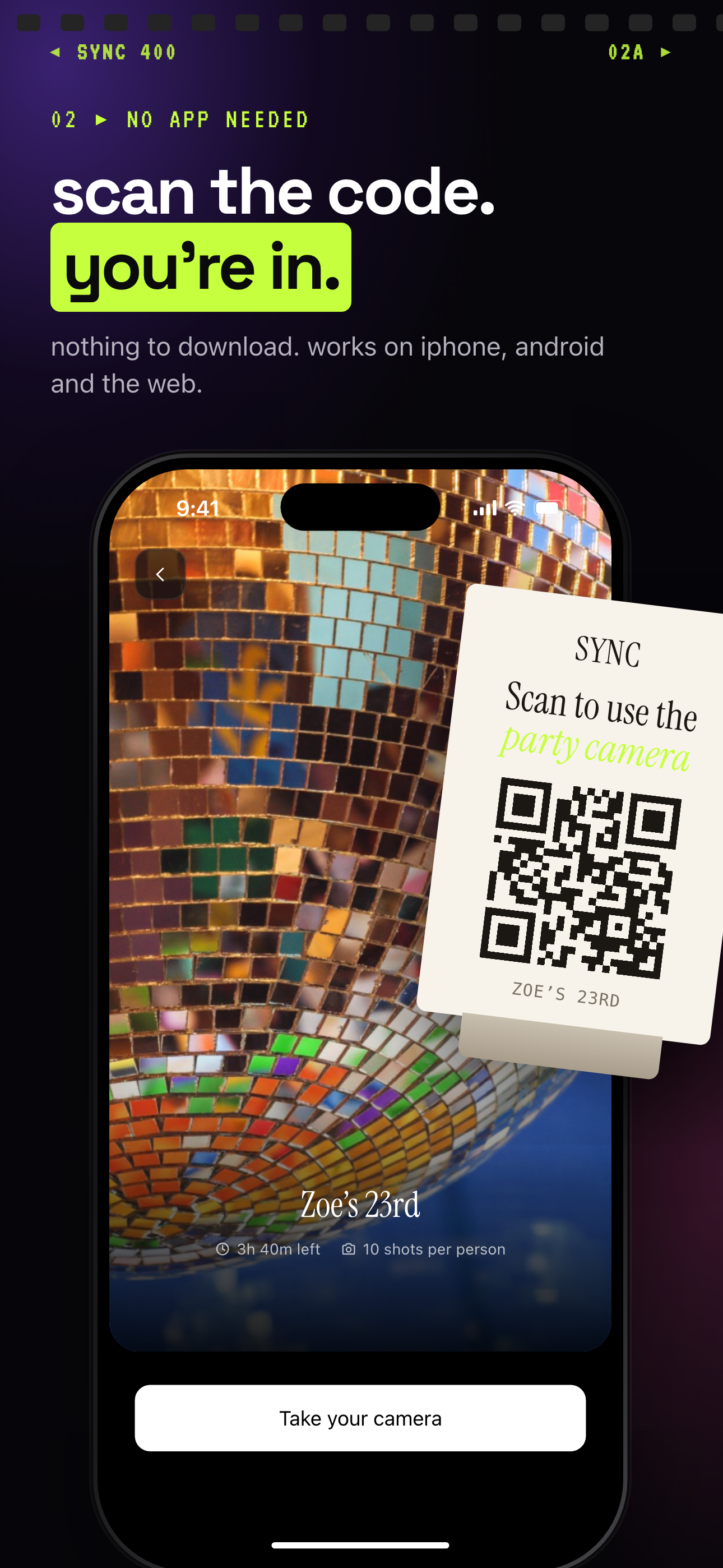 The sync.camera join screen a guest sees after scanning an event QR code.
