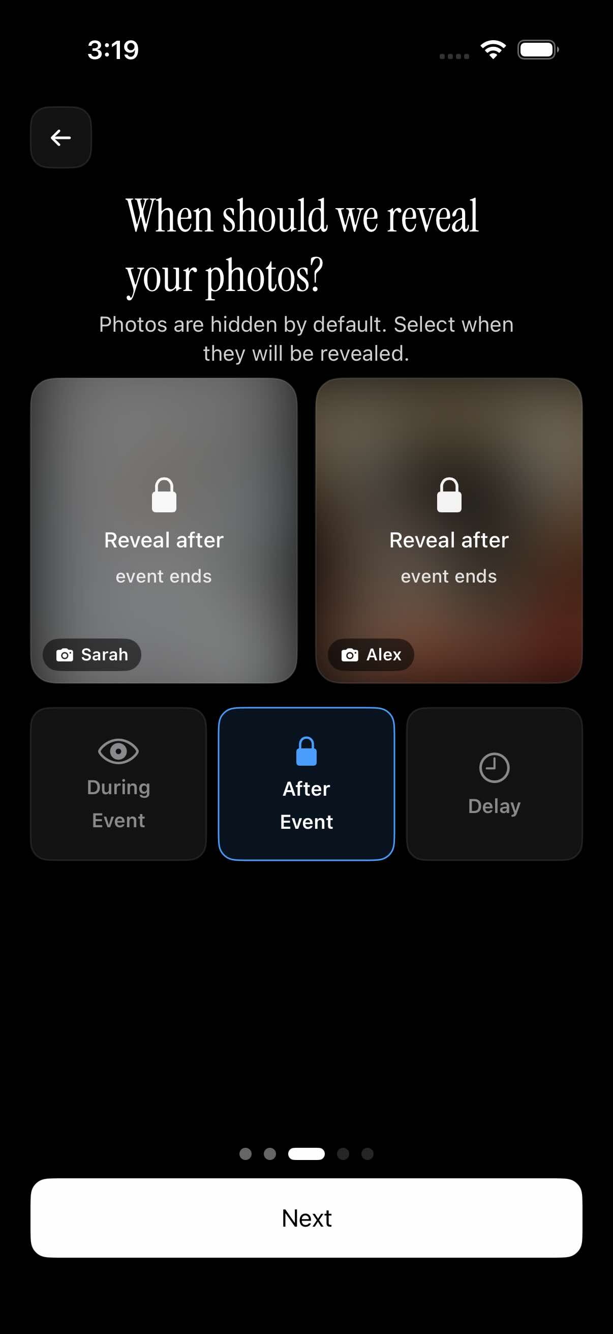 sync.camera event setup screen where the host chooses reveal timing with event dates and guest limit