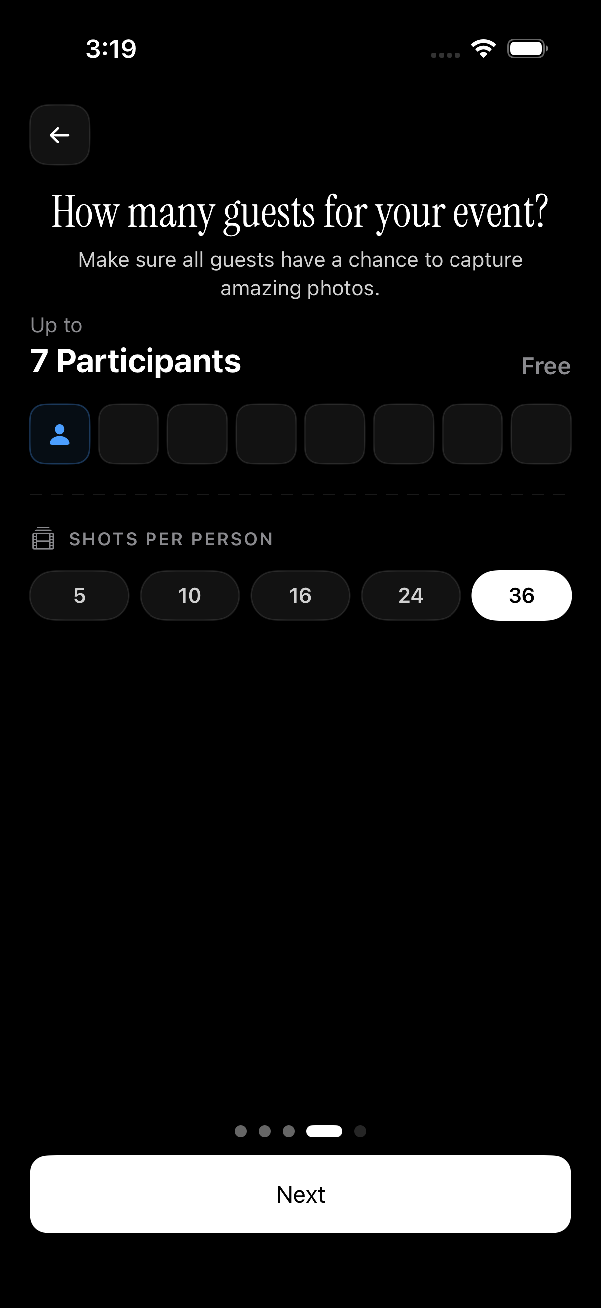Event guest count selector showing the free tier limit and paid upgrade options