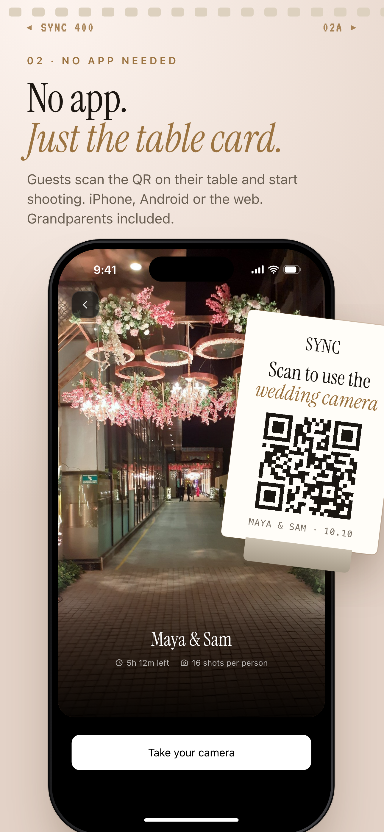 SYNC wedding join screen with a Take your camera button beside a table card QR reading Scan to use the wedding camera