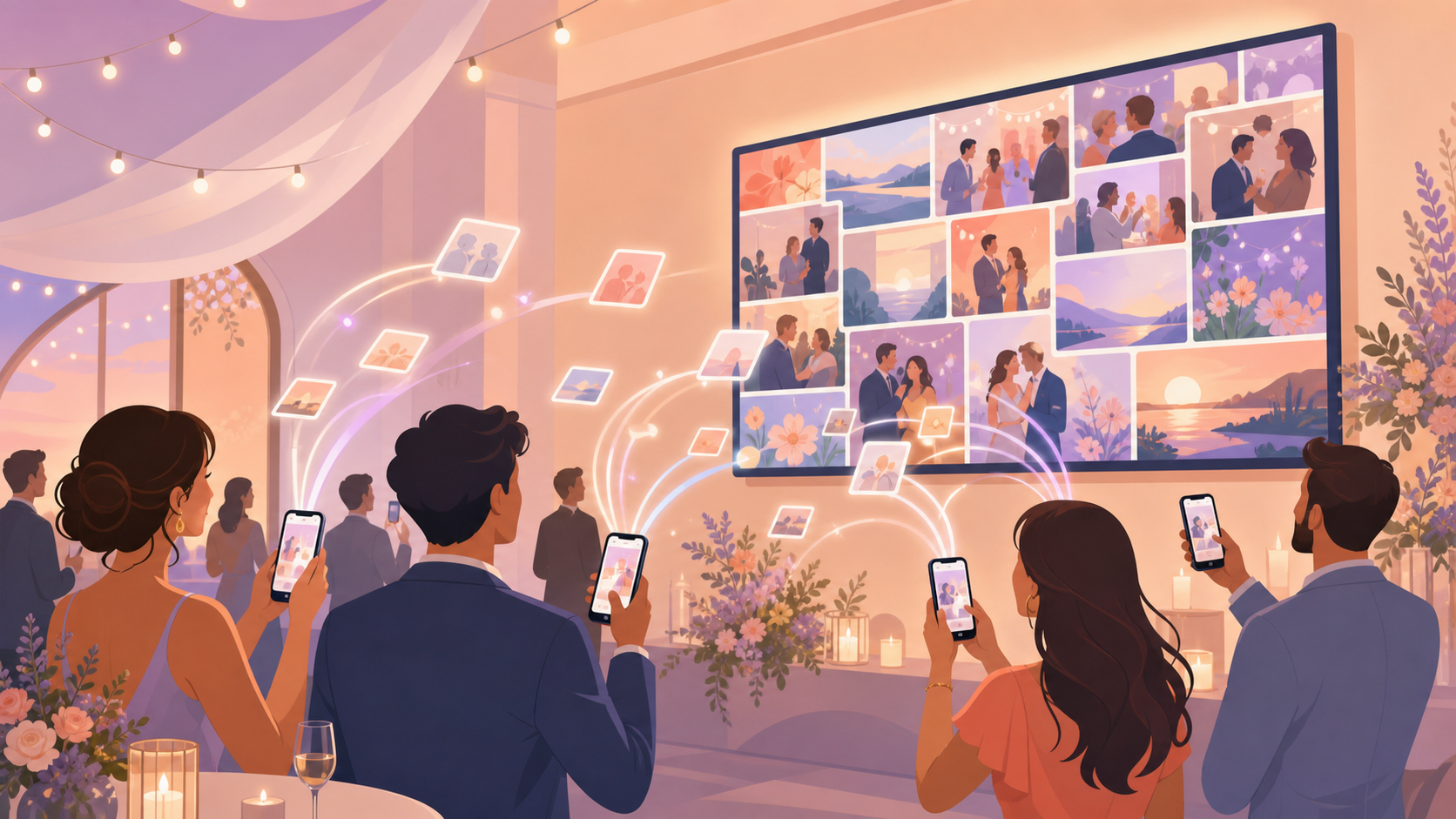 SYNC Live Photo Wall streaming guest-uploaded photos onto a venue projector screen in real time at a reception.