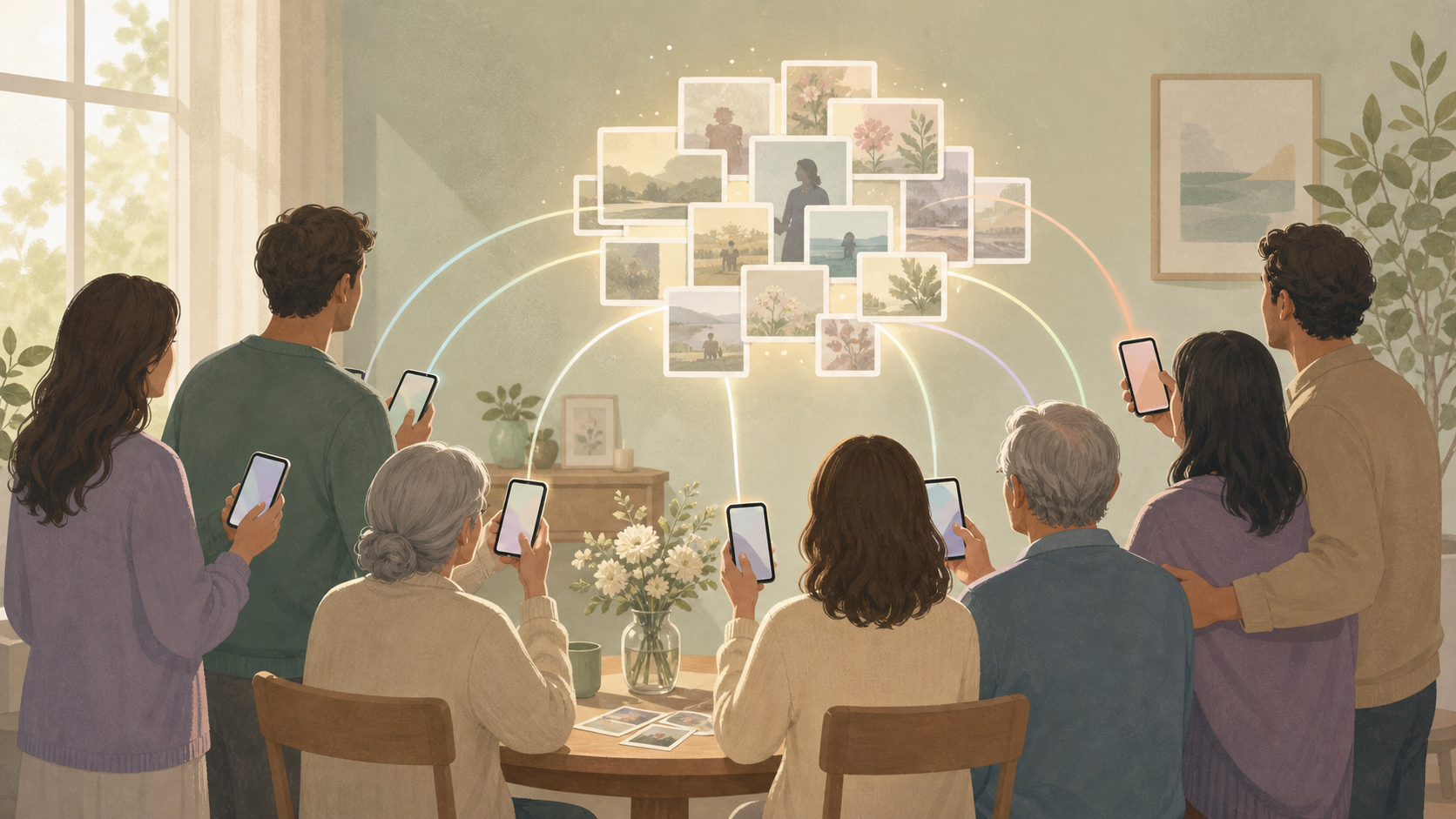 A family gathered quietly around a table, phones in hand, photos appearing together in a shared album on a nearby screen.