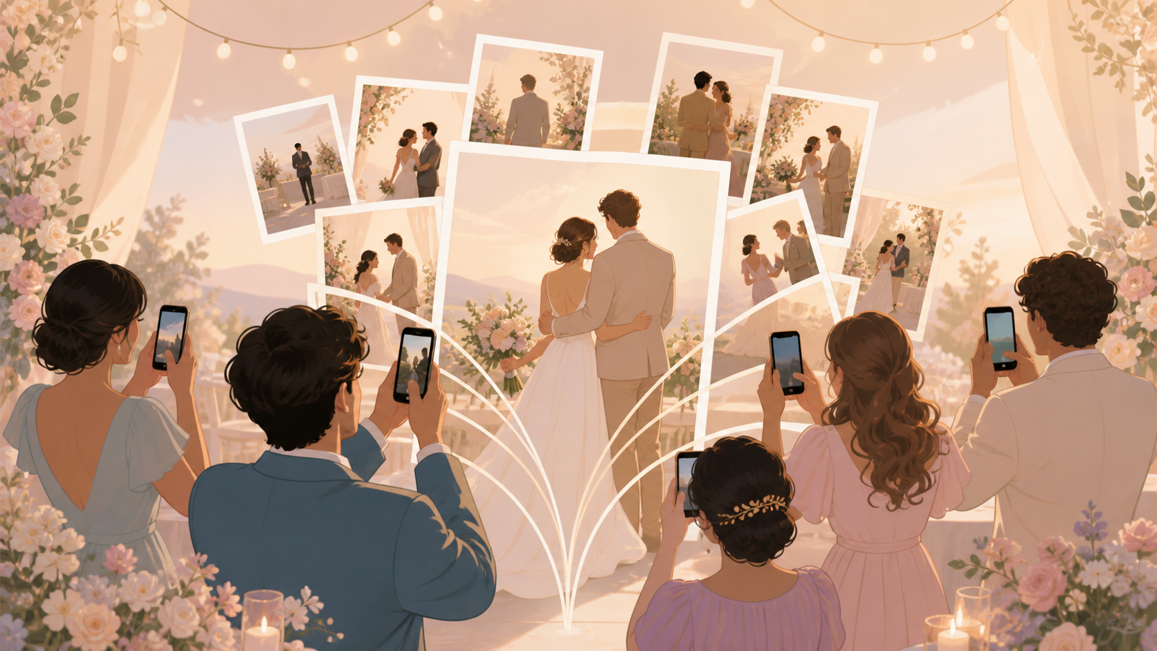 Wedding guests using their phones to add candid photos to a private online guest book.