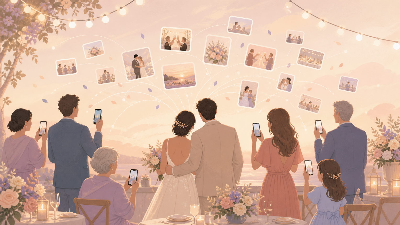 Warm illustration of wedding guests adding photos to a private online guest book.