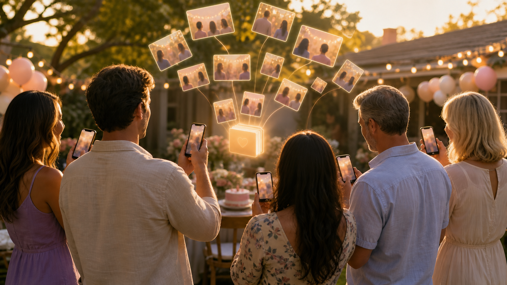 Warm illustration of a party host collecting shared guest photos.
