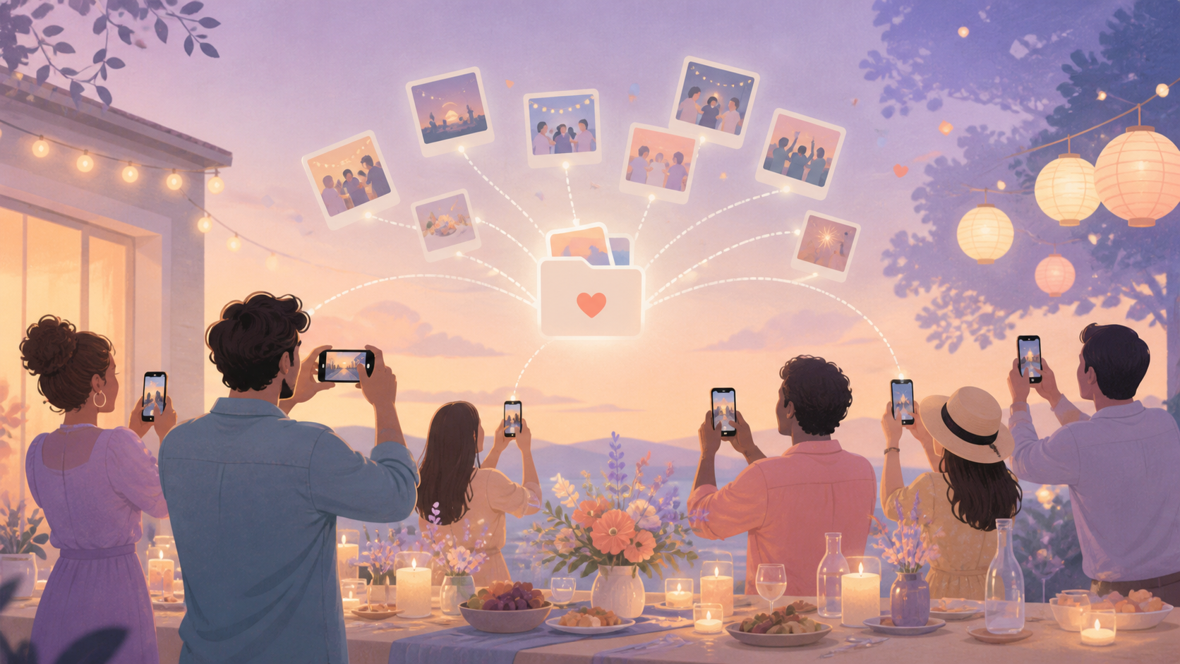 Party guests scanning a QR code to add their photos to one shared private album.
