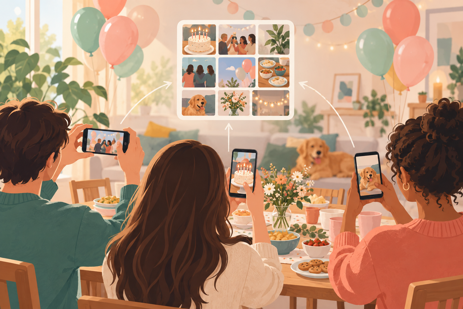 Warm illustration of a party host scanning a QR code while guests' photos fill a shared album on a phone.
