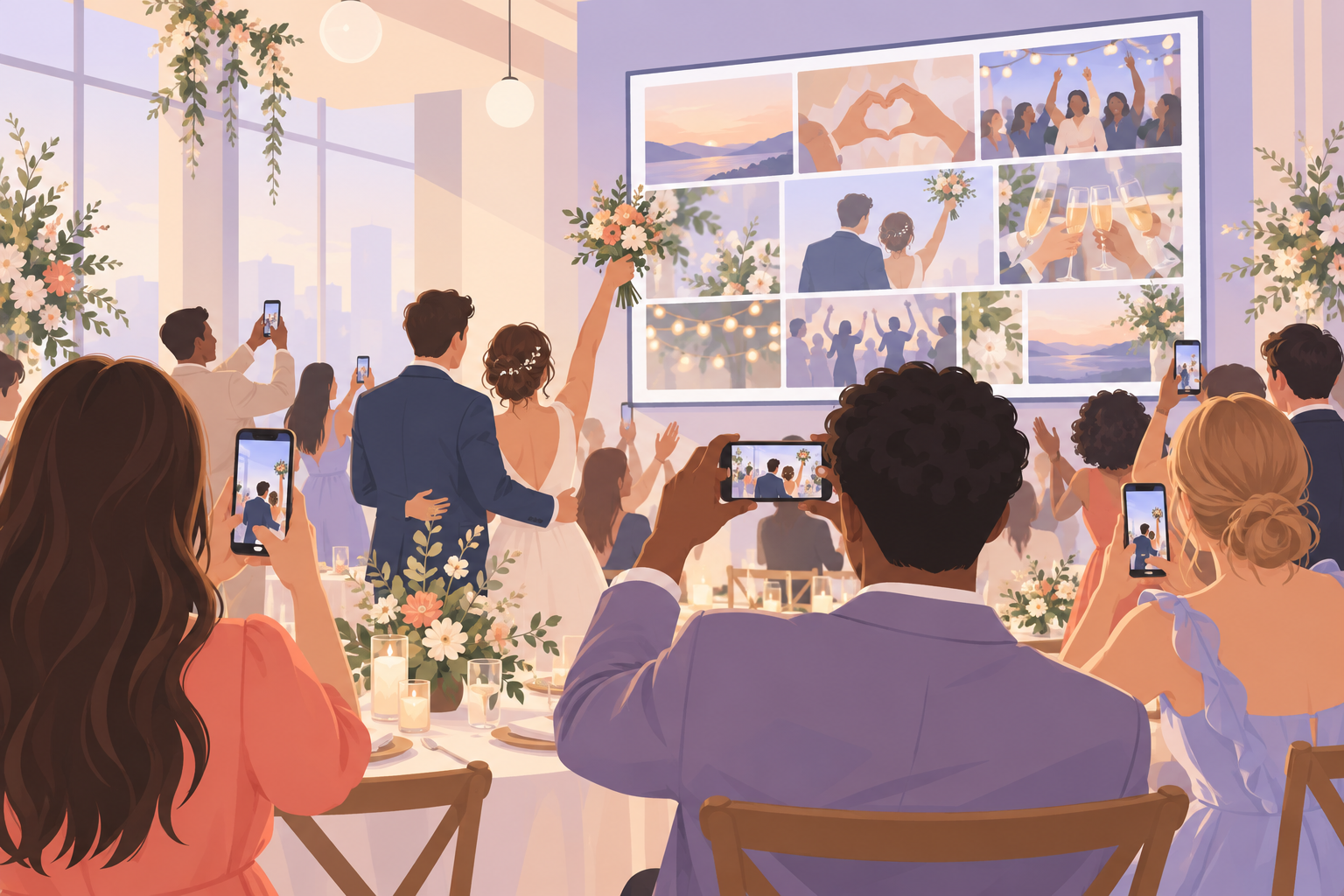 Illustration of party guests scanning a QR code to upload phone photos to a shared live photo wall.