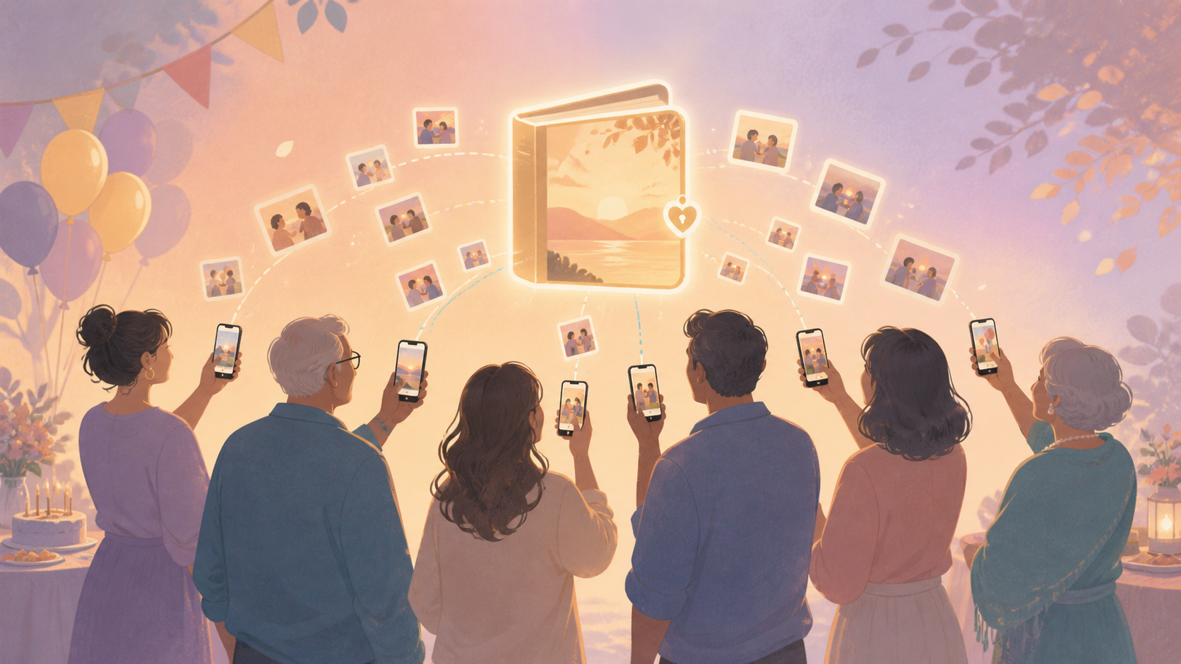 Family guests adding photos to one private shared event album.