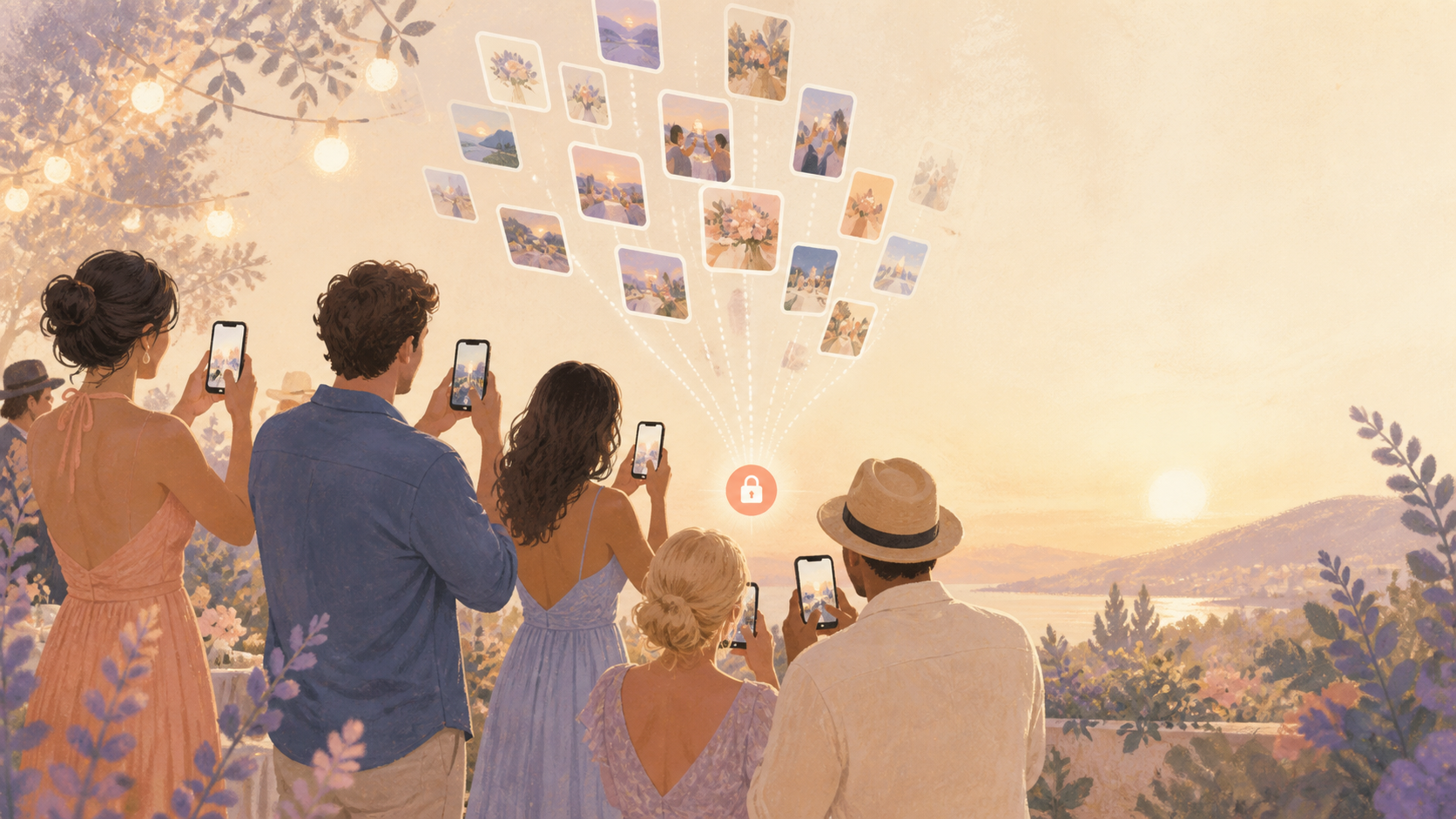 Event guests scanning a QR code and adding photos to one private shared album.
