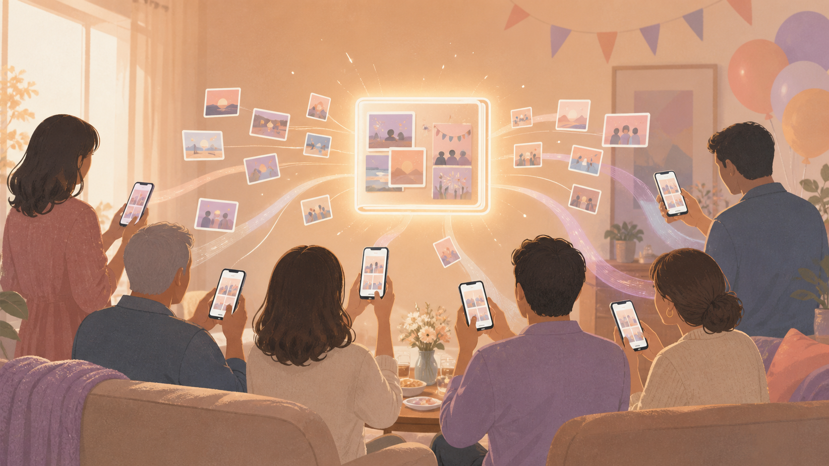 Family party guests adding photos to one private shared album for a picture display.