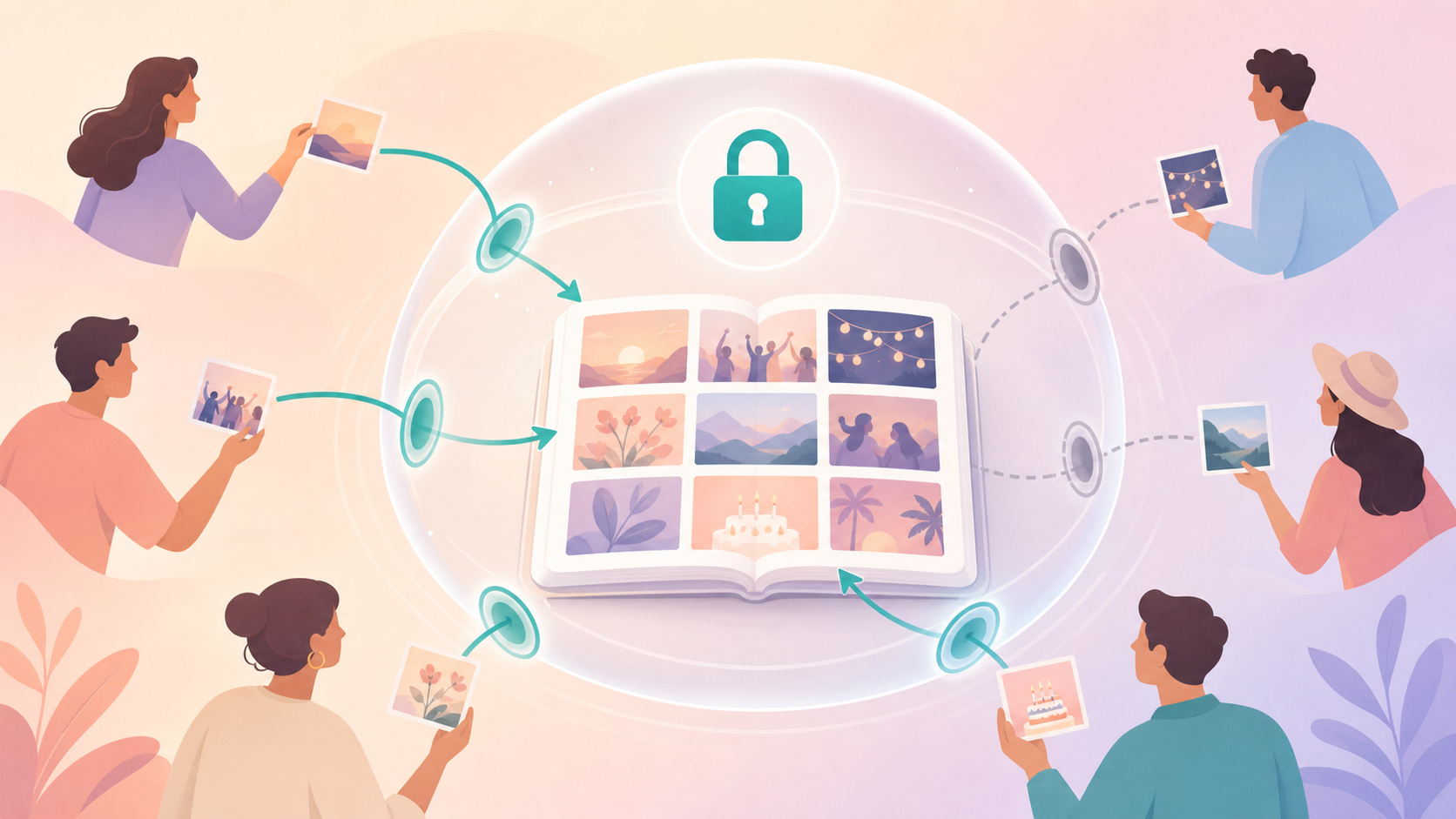 Illustration of a host setting guest access and gallery reveal timing for a private event album.