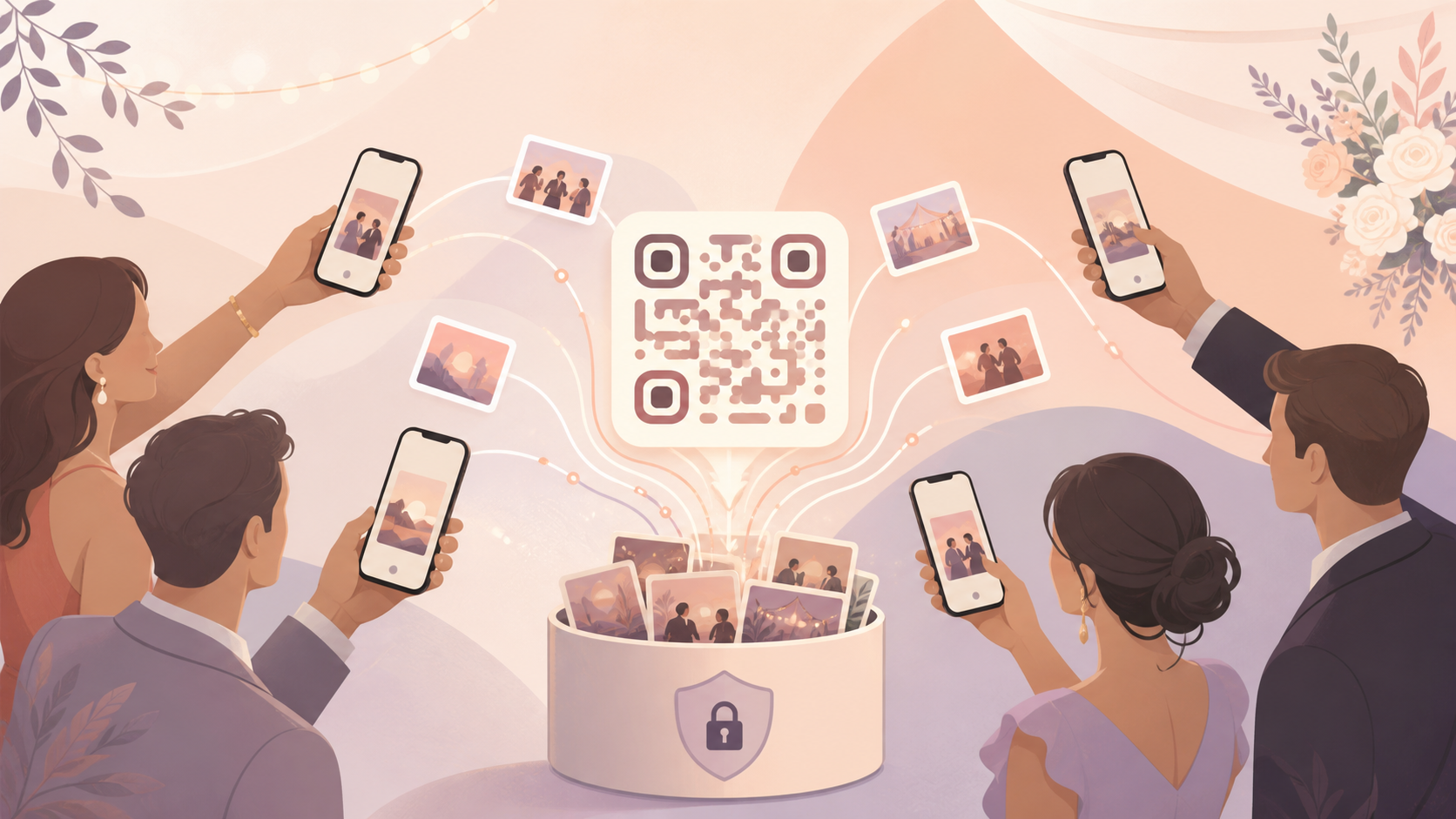 Guests scanning a QR code with their phones to join a synced private event photo album