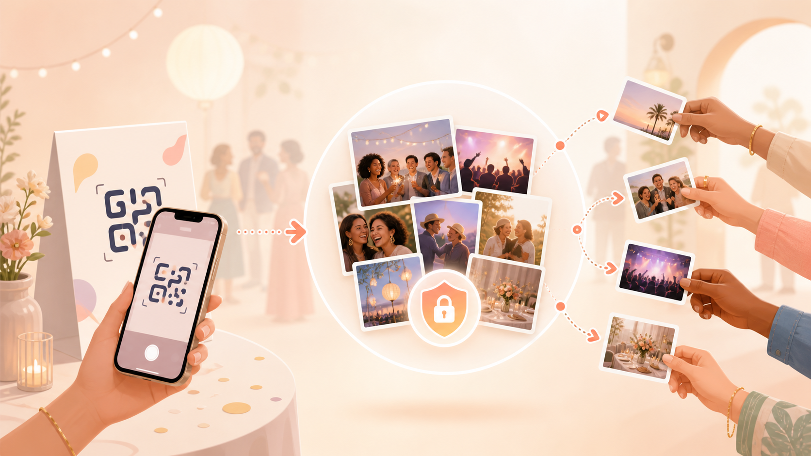 Guests scanning a QR code at an event to join a private shared photo gallery on sync.camera.