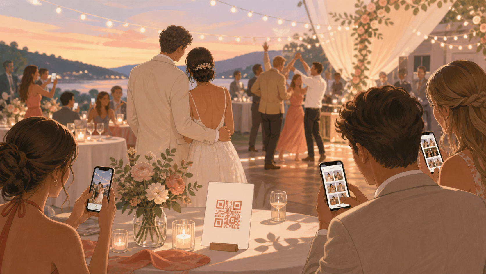 Wedding guests scanning a QR code on a table card to add photos to a private shared album.