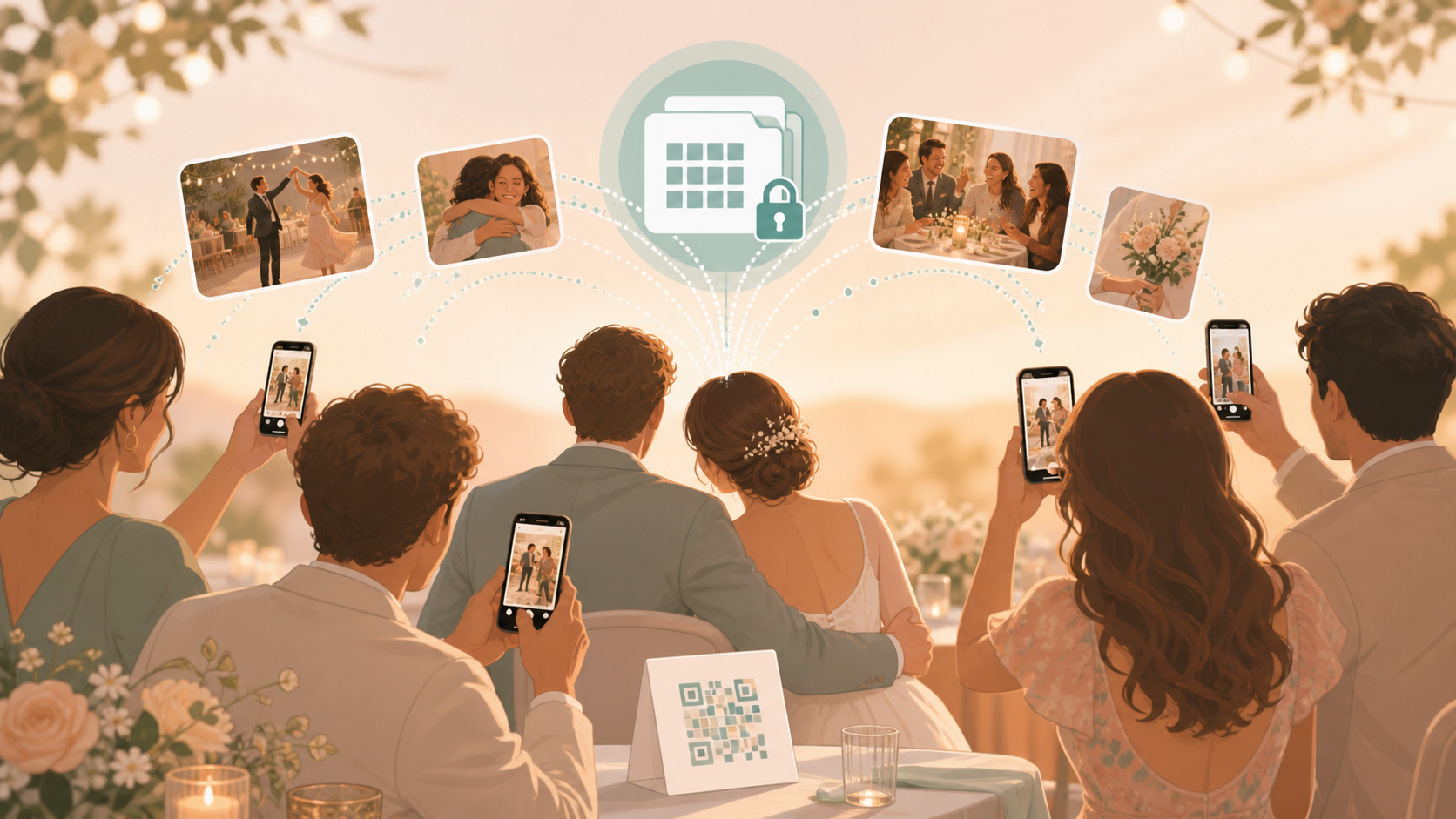 Warm illustration of wedding guests scanning a QR code to add photos to a private shared album.