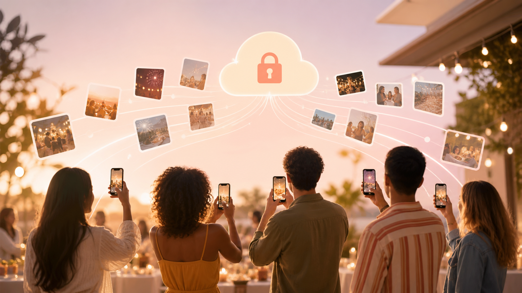 Party host displaying a QR code while guests add birthday and celebration photos to one shared private album.