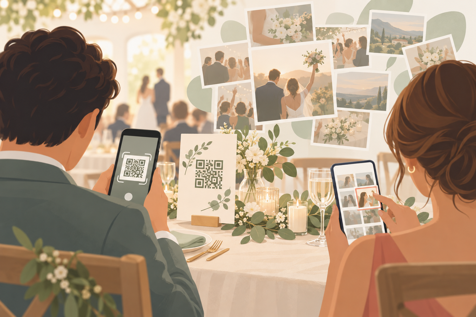 A couple at a wedding reception table scanning a QR code card with their phones.