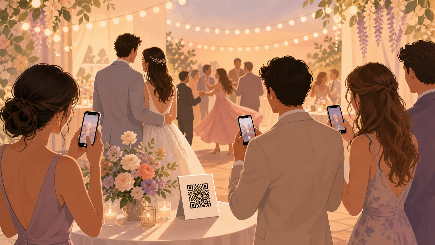 Wedding guests scanning a QR code to add candid photos to a private shared album.