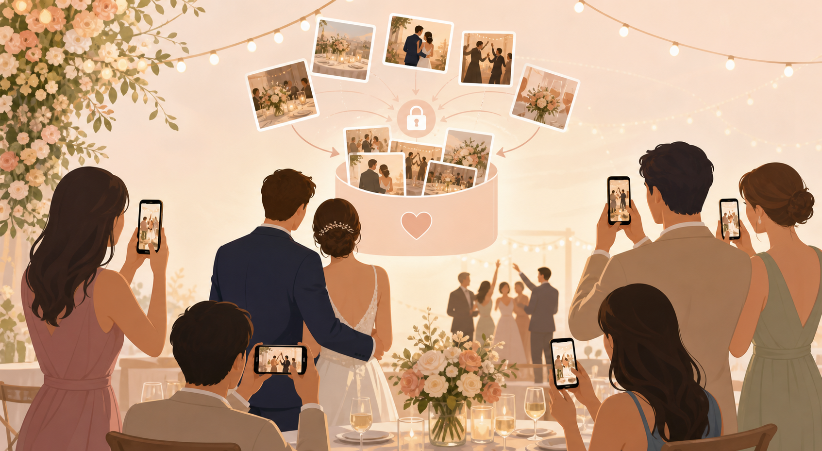 Warm illustration of wedding guests uploading candid photos to a private shared album.