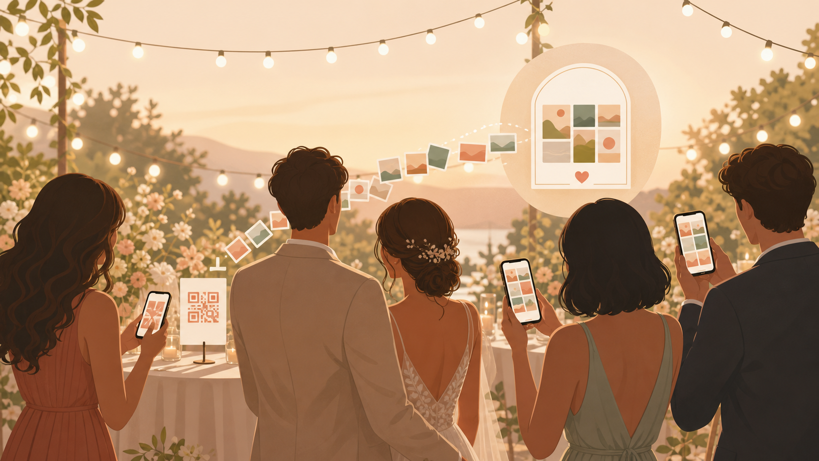 A wedding guest scanning a QR code table card to add photos to the couple's private shared album.